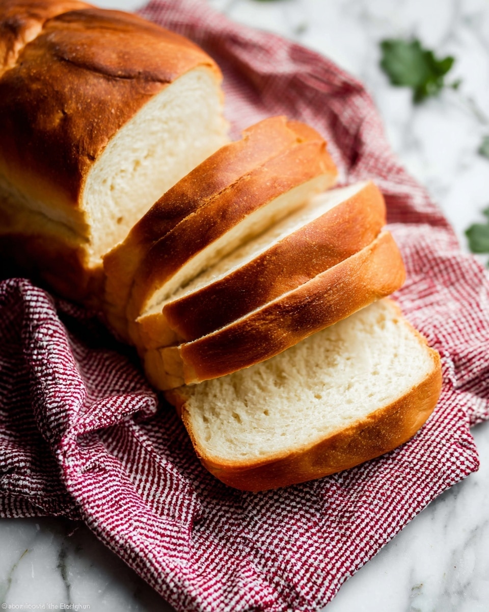 A sliced loaf of soft white bread with a golden brown crust is placed on a white marbled surface, resting on a red and white checkered cloth that is slightly wrinkled under the bread. The bread has about seven thick slices, showing its light and airy texture inside, with the crust smooth and slightly shiny. There are a few green leaves blurred in the background, adding a touch of color but not taking attention from the bread. Photo taken with an iphone --ar 4:5 --v 7