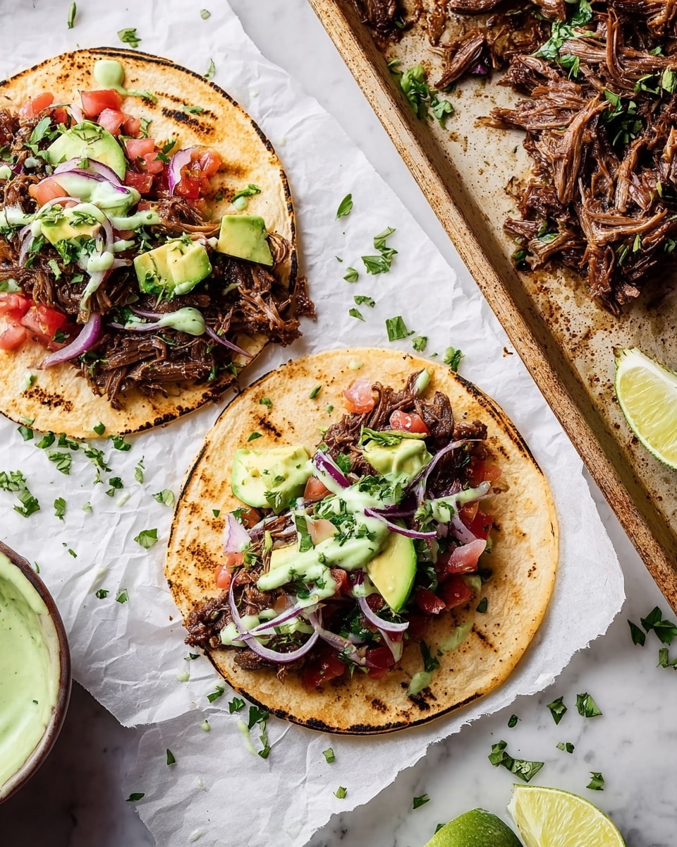 Two grilled soft corn tortillas are laid flat on a white marbled surface with thin grill marks. Each tortilla has four layers: the bottom layer is chunky red tomato salsa, followed by a generous pile of dark brown shredded beef with a moist texture. On top of the beef sits a layer of bright green diced avocado cubes and a swirl of vivid green sauce. The final layer is thinly sliced light purple onions and a sprinkle of fresh green chopped cilantro. A white baking tray filled with more shredded beef garnished with cilantro is placed above, and small lime wedges are scattered nearby. photo taken with an iphone --ar 4:5 --v 7