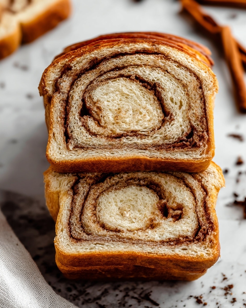 Three thick slices of cinnamon swirl bread are arranged in a close stack, showing the soft, light brown interior with dark cinnamon sugar layers spiraled evenly inside each slice. The top crust is golden brown with a slightly glossy finish and a few darker spots where the cinnamon sugar caramelized. The small air pockets inside the bread add a fluffy texture. The background is a white marbled texture with two cinnamon sticks and some scattered cloves off to the side, adding warmth to the scene. photo taken with an iphone --ar 4:5 --v 7