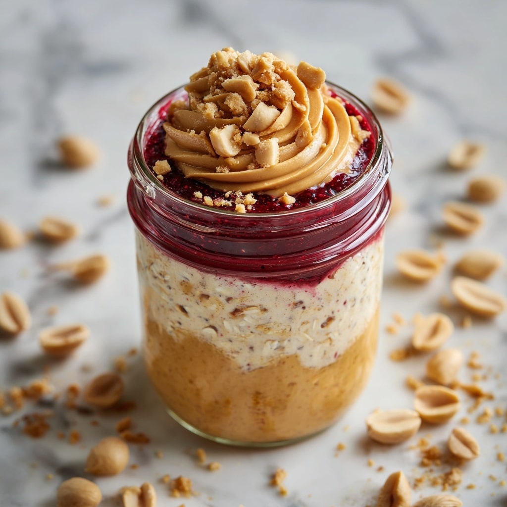 The image shows a glass jar filled with a layered dessert or snack on a white marbled surface. The bottom layer is smooth and golden brown, likely peanut butter or caramel. Above it is a thicker beige layer with visible oats and small dark spots, suggesting some mix-ins like chocolate or fruit. The next layer is a rich dark red, possibly a berry jam or sauce, followed by a generous dollop of creamy white yogurt or whipped cream. On top, a handful of light brown peanuts is placed, adding a crunchy texture. The jar is clear, showing all the layers clearly. Photo taken with an iphone --ar 4:5 --v 7
