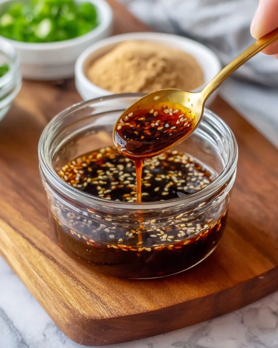 A small clear glass bowl filled with dark brown sauce mixed with light-colored sesame seeds. A golden spoon scoops sauce above the bowl, showing a thick, glossy texture with sesame seeds dropping back into the bowl. The bowl sits on a wooden board, and blurred white bowls with green and white ingredients are in the background, all placed on a white marbled surface. photo taken with an iphone --ar 4:5 --v 7