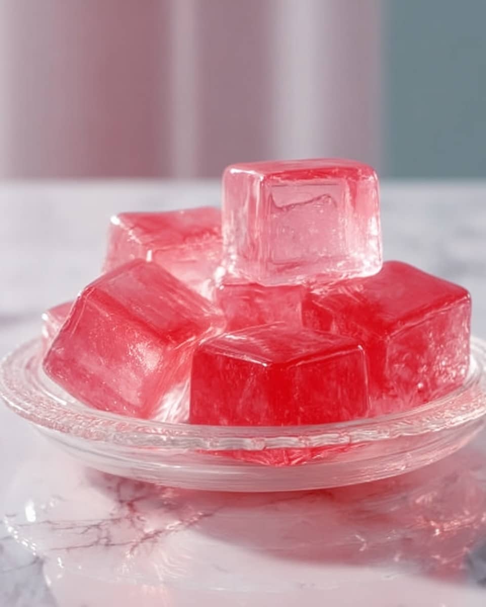 A clear white plate holds a small stack of translucent red jelly cubes. The jelly has a shiny, smooth texture with slight reflections on its surface, showing its soft and wobbly nature. The cubes are stacked unevenly, some tilted on top of others, giving a casual and inviting look. The background is a soft, white marbled texture that enhances the bright color of the jelly without distracting. photo taken with an iphone --ar 4:5 --v 7