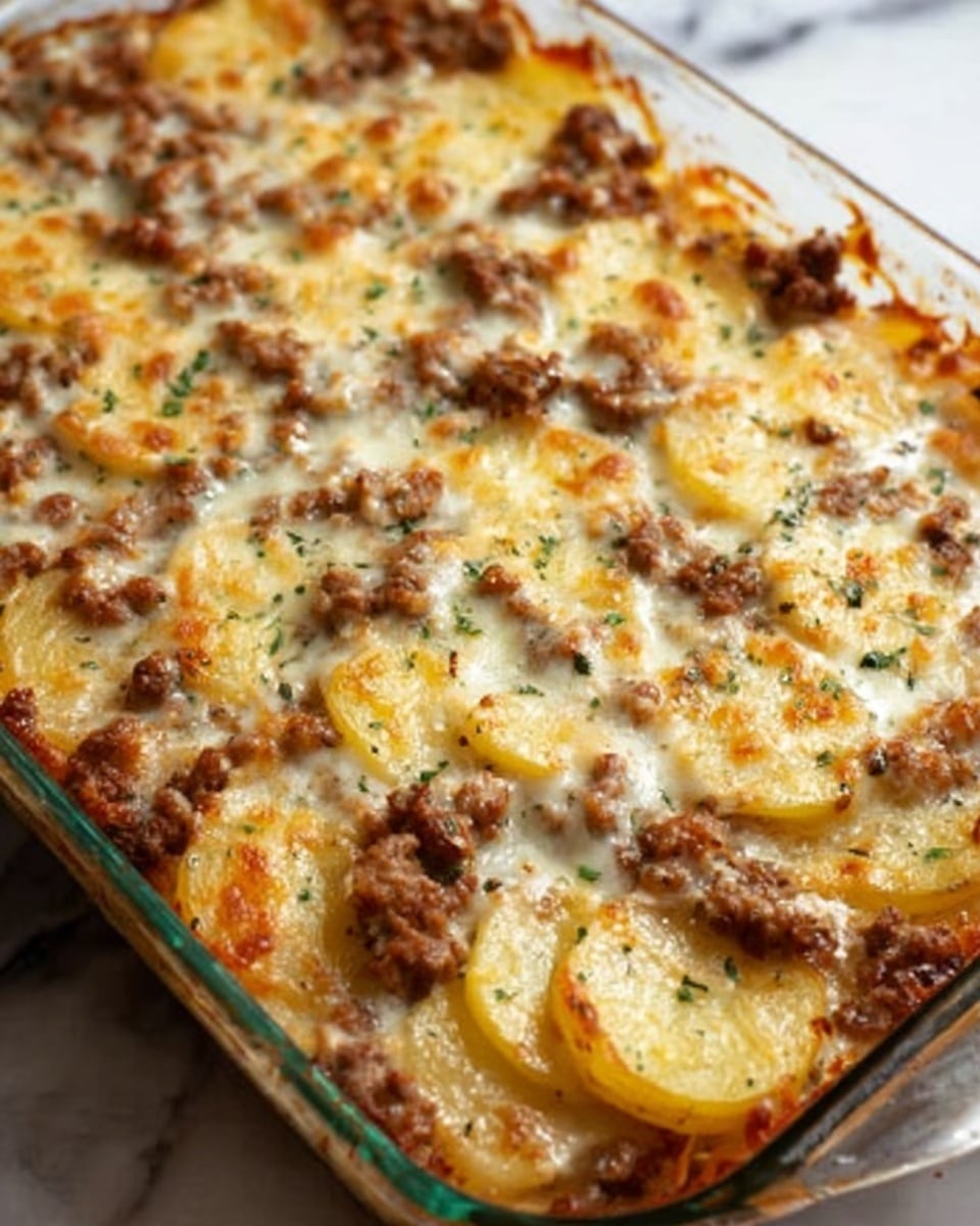 A glass baking dish filled with a layered casserole, showing about three clear layers: the bottom layer is thin yellow potato slices neatly arranged, the middle layer is browned ground meat scattered evenly across the potatoes, and the top layer is golden melted cheese with small browned spots and some herbs sprinkled lightly. The texture of the cheese is bubbly and slightly crispy on top, while the potatoes beneath look soft and tender. The dish is placed on a white marbled surface. photo taken with an iphone --ar 4:5 --v 7