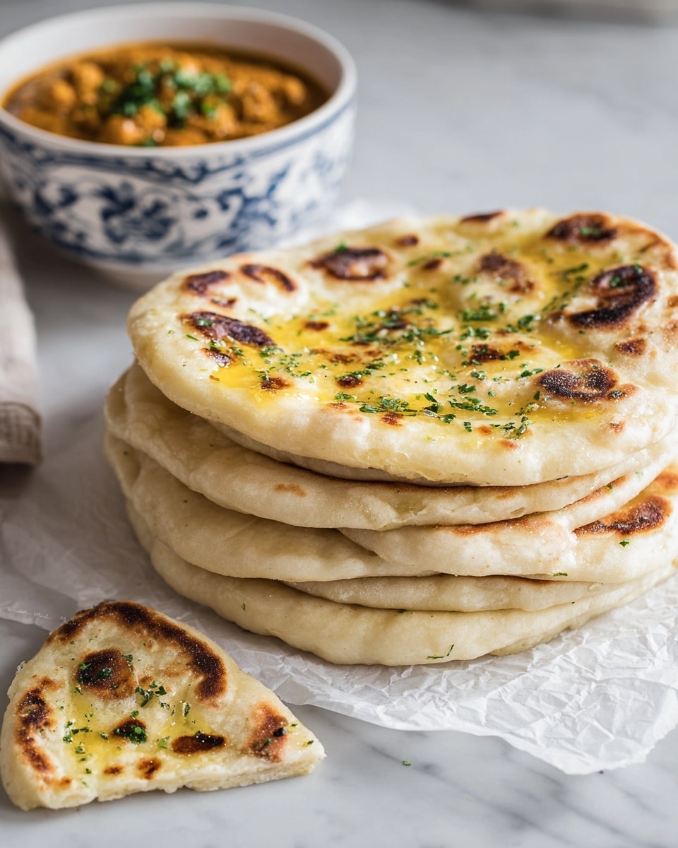 A stack of seven round flatbreads with a light golden-brown surface and darker toasted spots sits on white parchment paper over a white marbled surface. The top flatbread is brushed with melted yellow butter and sprinkled with small green herb pieces, with one flatbread torn into a triangular piece in the front left. To the right, a white bowl with blue patterns contains a thick orange and brown curry topped with green herbs. The scene is softly lit, highlighting the flatbreads' fluffy texture and the rich colors of the curry. Photo taken with an iphone --ar 4:5 --v 7