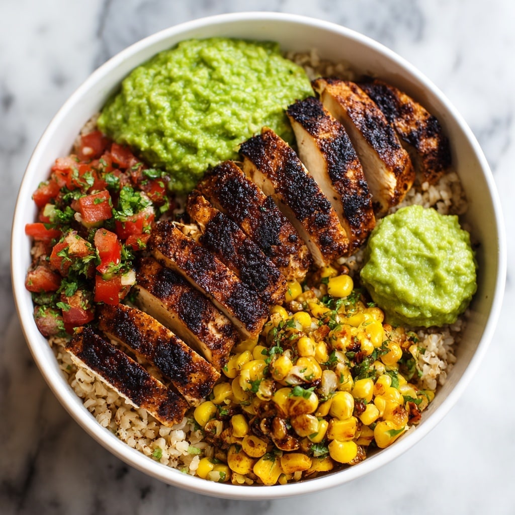 A white bowl filled with layers of food starts with a base of seasoned brown rice. On top of the rice are pieces of grilled, slightly charred salmon with a reddish-brown crust and grill marks, arranged in the center. To the right of the salmon, there is a colorful mix of yellow grilled corn and red diced tomatoes with green herbs sprinkled throughout. On the left side inside the bowl, there are two dollops of bright green creamy avocado mash and a small portion of reddish-brown beans. The bowl sits on a white marbled surface. Photo taken with an iphone --ar 4:5 --v 7