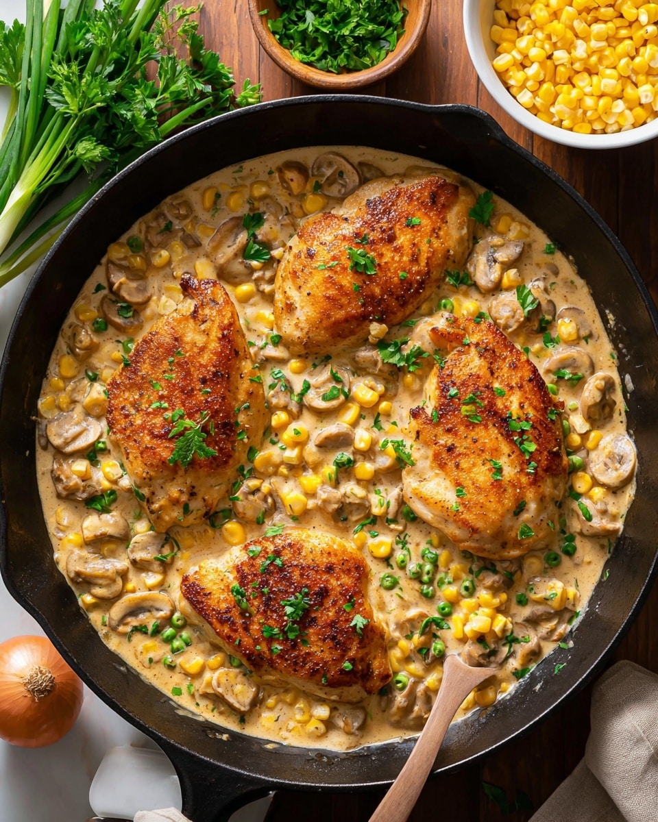 The dish shows four browned chicken breasts with a crispy texture on top, placed on a creamy beige sauce with a smooth, slightly thick consistency. The sauce is dotted with bright yellow corn kernels and small pieces of white mushrooms, creating a mixed texture. Fresh green parsley leaves are scattered on the chicken and sauce, adding a touch of freshness and color contrast. The food is served in a black skillet with handles, sitting on a white marbled surface. Around the skillet are small white bowls filled with corn and green onion stalks with a yellow onion nearby. Photo taken with an iphone --ar 4:5 --v 7