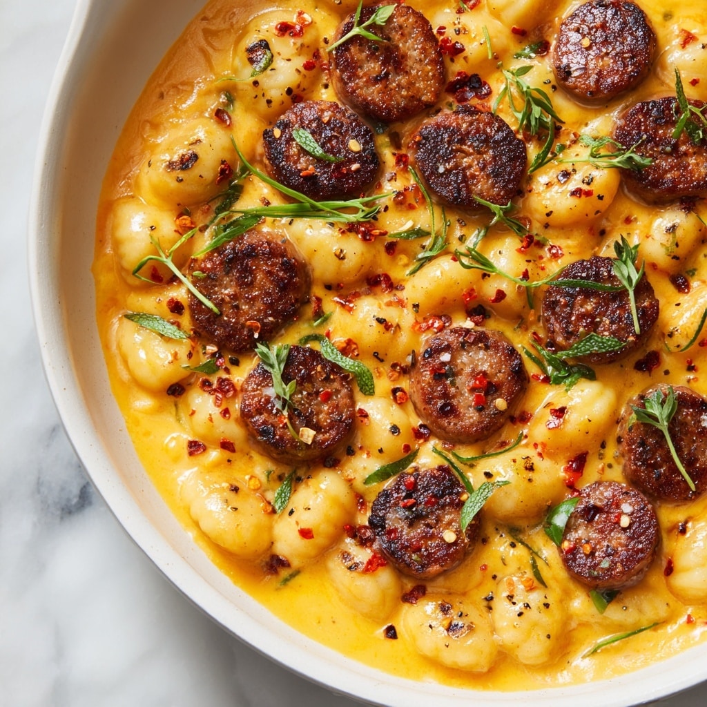 A close-up view of a large pan filled with creamy butternut squash gnocchi with sausage, showing multiple round gnocchi pieces covered in a thick and smooth orange-yellow sauce with a glossy texture. The round sausage slices are browned and scattered evenly on top, adding a darker brown color and slightly crisp texture contrast. Small green herb sprigs, probably thyme, are sprinkled across the dish along with cracked black pepper for a touch of visual sharpness. The setting includes a white marbled surface beneath the pan. photo taken with an iphone --ar 4:5 --v 7