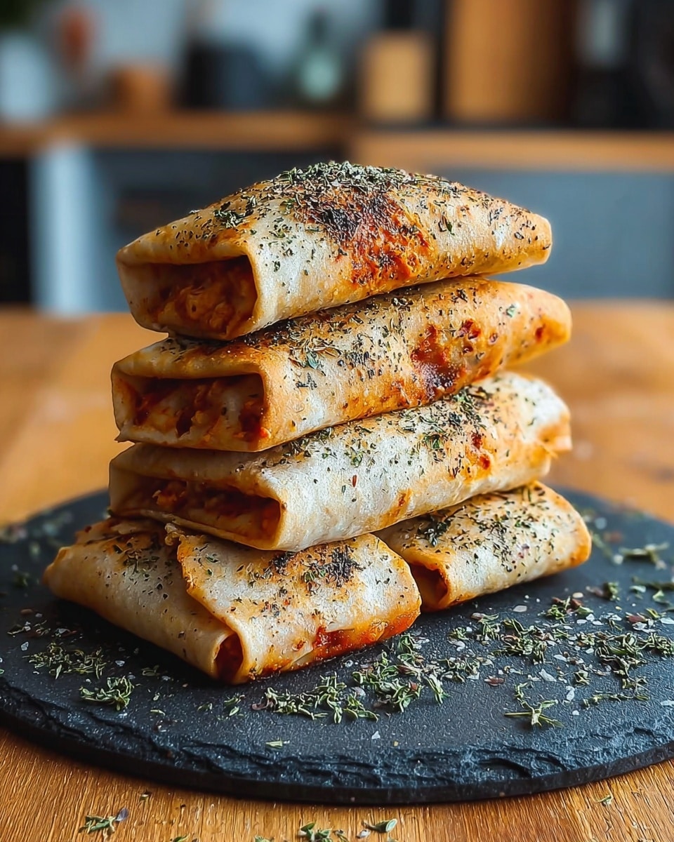 A stack of six baked wraps arranged in two layers on a round black slate plate, with three wraps on the bottom layer and three on the top. Each wrap is golden brown with some darker toasted spots and is sprinkled generously with dried green herbs, giving a textured look. The wraps are tightly folded with visible folds and edges, and some reddish filling peeks through the openings at the ends. The plate sits on a warm wooden surface, with a blurred kitchen background. photo taken with an iphone --ar 4:5 --v 7