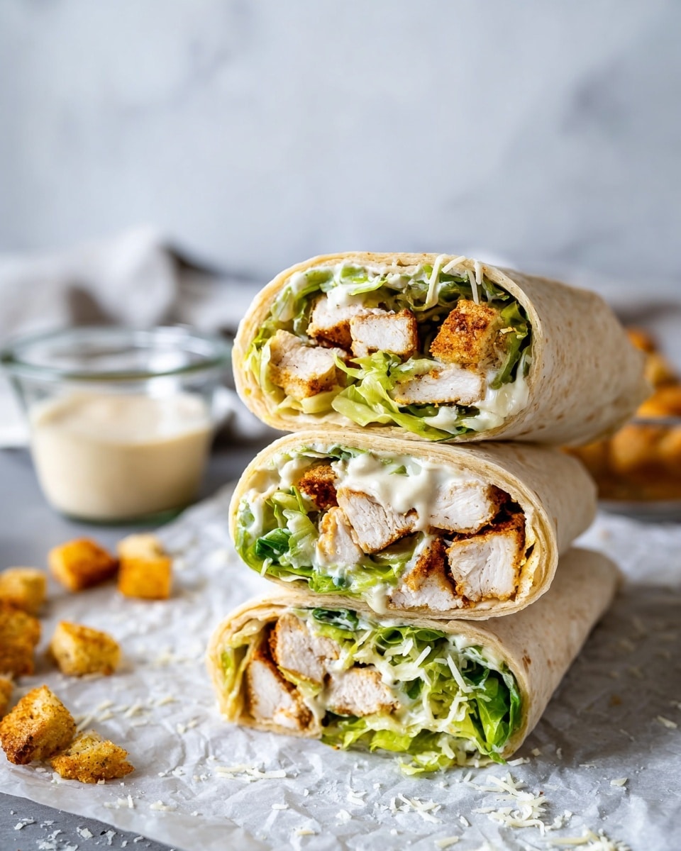 Three wraps are stacked in a pyramid shape on crinkled white paper over a white marbled surface. Each wrap has a soft beige tortilla folded around three main layers: the bottom layer shows crispy golden-brown breaded chicken pieces; above that is fresh, green, leafy lettuce with light veins and some shredded pale cheese; the top layer consists of creamy white dressing drizzled generously, some running slightly down the sides. In the blurred background, a white bowl with a creamy dipping sauce and some golden croutons are visible, adding context to the dish. photo taken with an iphone --ar 4:5 --v 7