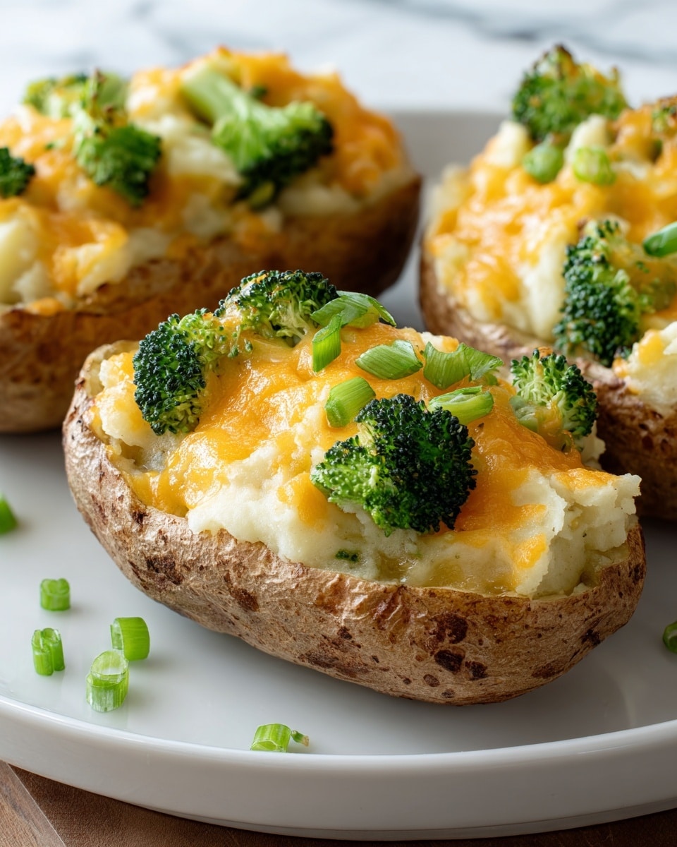 Three stuffed baked potatoes sit on a white plate on a white marbled surface, each potato skin brown and slightly rough in texture. Each potato is cut open and filled with a creamy, white mashed potato layer mixed with small green broccoli florets, topped with a melted bright orange cheddar cheese layer that slightly drapes over the edges. Small pieces of chopped green onions are scattered over the top and around the plate, adding a fresh green touch. The image is close up, showcasing the texture details of the potatoes, broccoli, and cheese. photo taken with an iphone --ar 4:5 --v 7