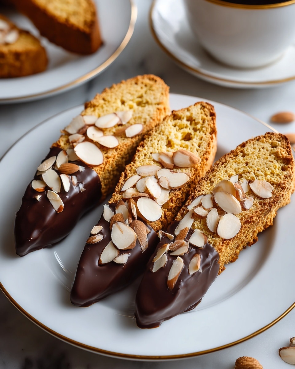 Three biscotti pieces are arranged on a white plate with a thin gold trim, each biscotti dipped halfway in glossy dark chocolate. The chocolate coating is topped with scattered, thin almond slices, adding texture and light color contrast to the dark chocolate. The biscotti are golden brown and crispy, with a rough crumb visible on the undipped halves. The scene is set on a white marbled surface, and a white cup with a matching gold rim is partially visible in the background. Photo taken with an iphone --ar 4:5 --v 7
