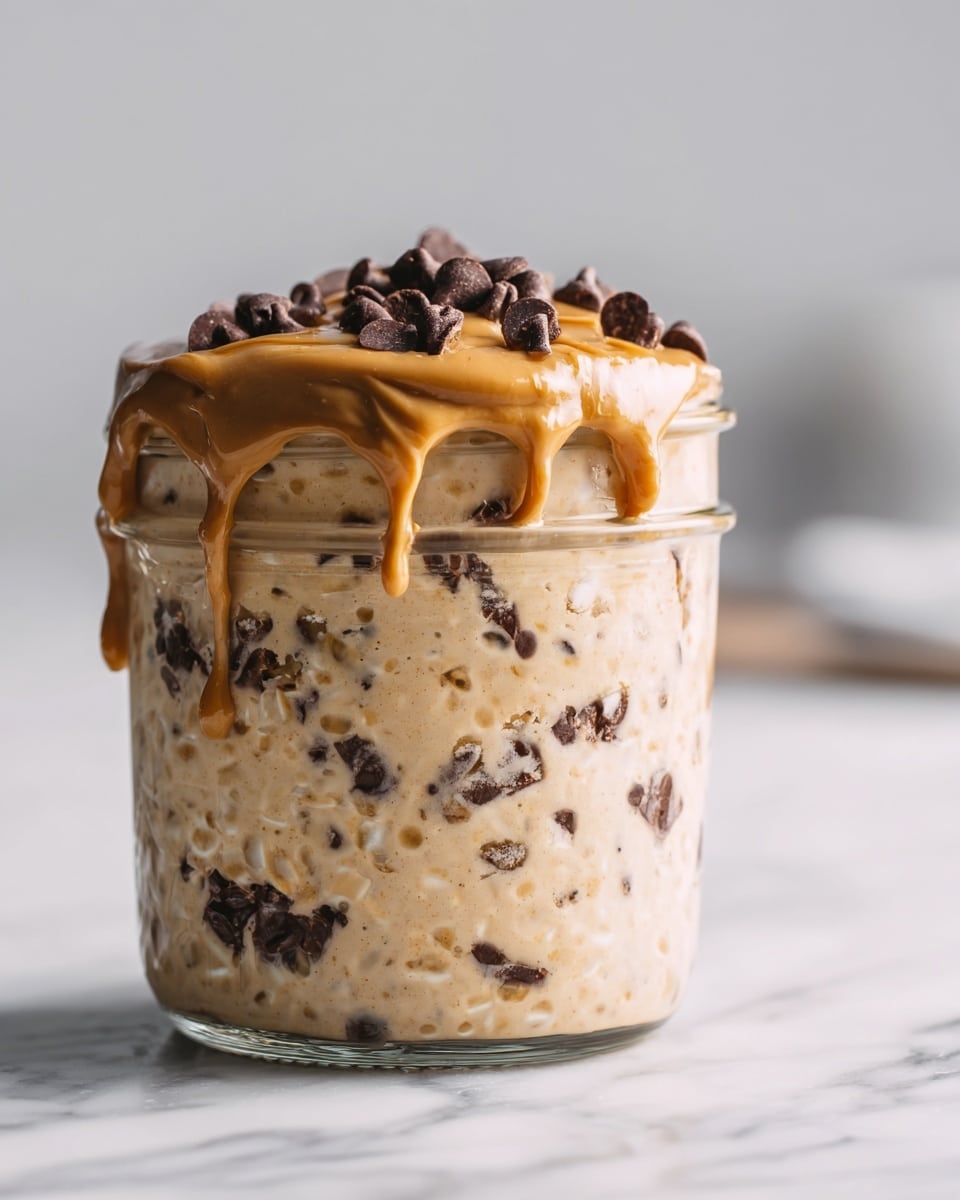 The image shows a clear glass jar filled with three visible layers: the bottom and middle layers are creamy with chocolate flecks mixed throughout, giving a light beige and brown marbled look; the top layer is a thicker beige spread, likely peanut butter, with a smooth but shelled texture. On top of this spread are dark brown chocolate chips scattered, and some golden caramel sauce drips down the sides of the jar. The jar sits on a white marbled surface, and the background is softly blurred, keeping focus on the jar's contents. photo taken with an iphone --ar 4:5 --v 7