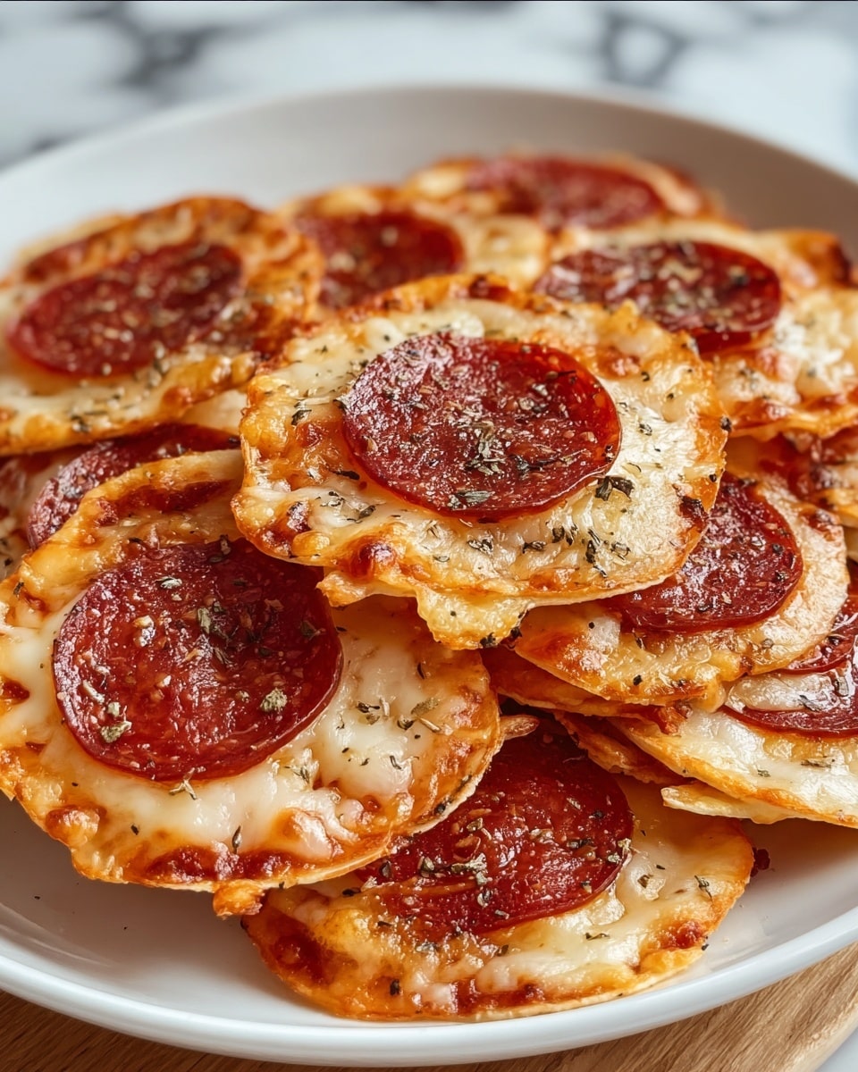 A white plate filled with many small round crispy chips each topped with melted golden cheese, a single dark red pepperoni slice in the center, and sprinkled with black pepper and herbs. The cheese edges are slightly browned and bubbly, with a mix of smooth and crunchy textures visible. The chips underneath are light brown with some curled edges, showing a crispy look. The image focuses closely on the front chips, with the rest softly blurred, all set on a white marbled surface. photo taken with an iphone --ar 4:5 --v 7