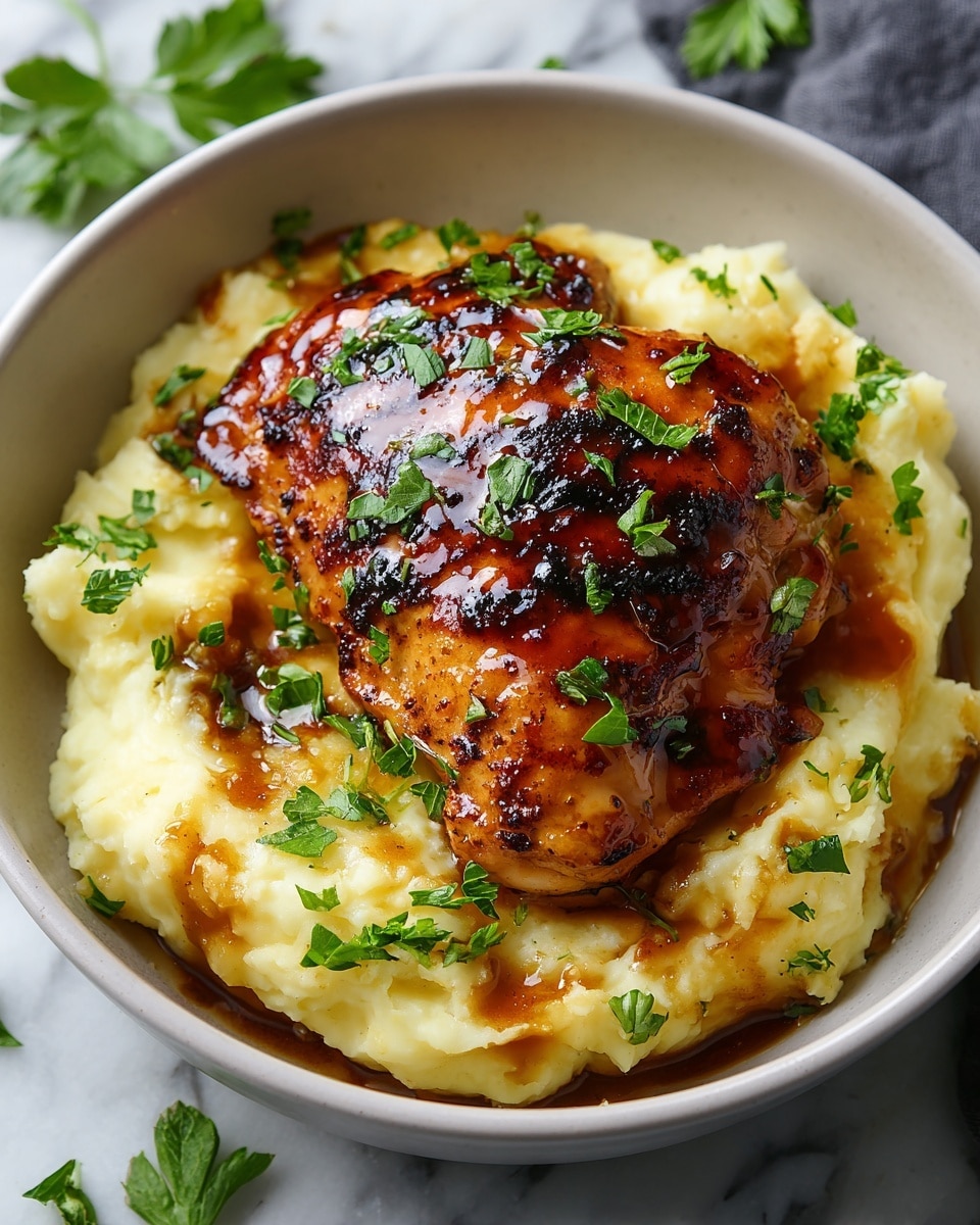 A dark gray bowl holds two layers: the bottom layer is creamy, pale yellow mashed potatoes with a slightly chunky texture, topped with a shiny, glazed piece of golden brown roasted chicken with a rich, dark glaze. Fresh green parsley leaves are scattered over the chicken and potatoes, adding a pop of color. The bowl sits on a white marbled surface with a gray and white striped cloth nearby, and some blurred greenery in the background. photo taken with an iphone --ar 4:5 --v 7