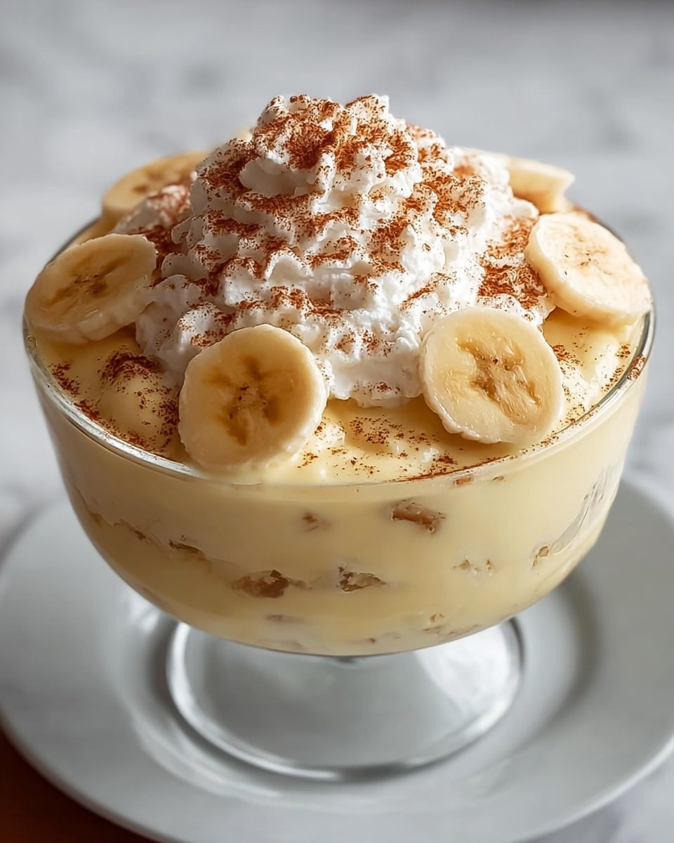 A clear glass dessert cup on a white plate holds a creamy pudding with three visible layers: the bottom layer is smooth and pale yellow, the middle layer is fluffy and light, and the top layer is thick and creamy with a few air bubbles. On top, several round banana slices, pale yellow with light brown spots, are placed around a swirl of white whipped cream dusted with brown cinnamon powder. The whole dessert sits on a white marbled surface with a warm blurred background. photo taken with an iphone --ar 4:5 --v 7