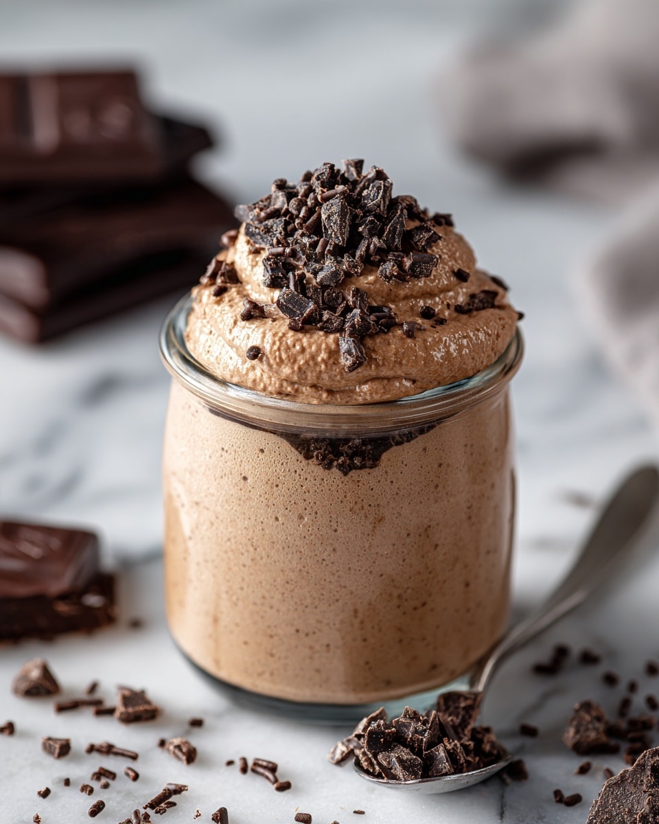 A clear glass jar filled with two visible layers of smooth, creamy chocolate mousse, the top layer slightly airy and whipped, crowned with dark chocolate chunks and small chocolate sprinkles. The jar sits on a white marbled surface with scattered small chocolate pieces and an out-of-focus spoon with a dollop of chocolate mousse and stacked chocolate bars in the background. The mousse has a rich light brown color with a velvety texture, overflowing just over the rim of the jar. Photo taken with an iphone --ar 4:5 --v 7