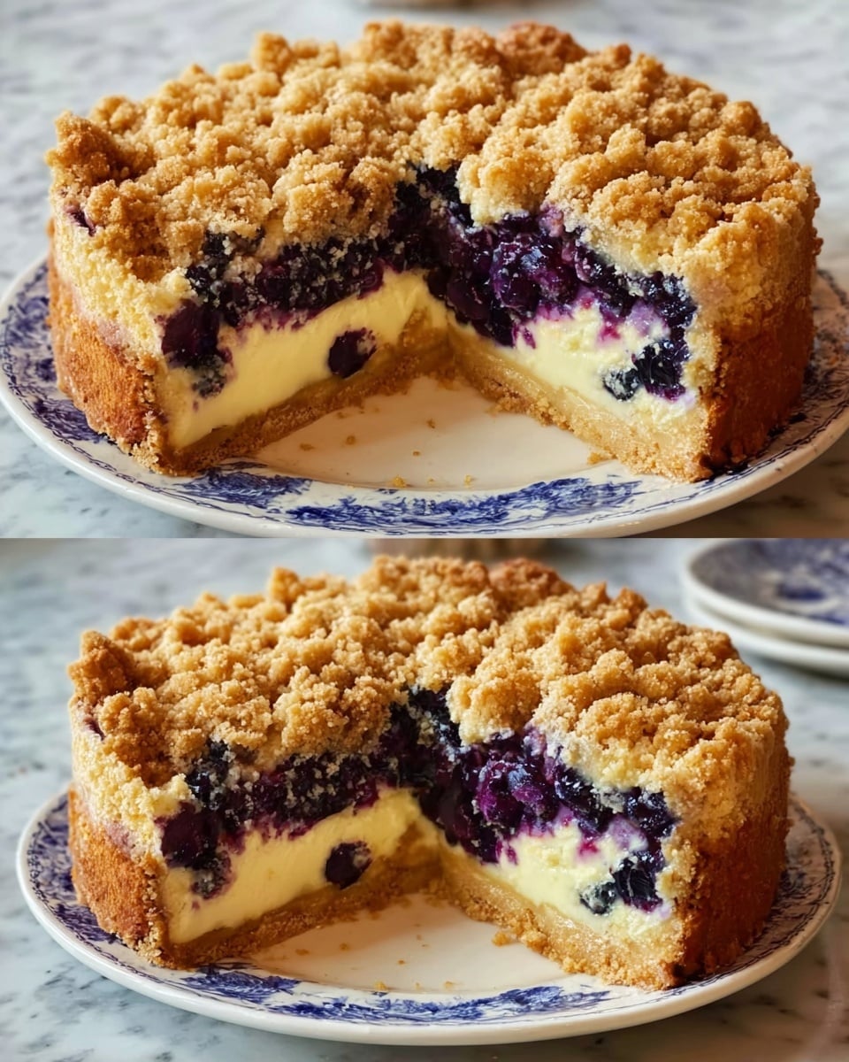 A round blueberry crumb cake with three visible layers sits on a white plate decorated with blue patterns, placed on a white marbled surface. The bottom layer is a thick, golden brown crumb crust that holds the filling. The middle layer is filled with plump, dark blue blueberries mixed with creamy white filling, giving a mix of purple and white colors with juicy textures. The top layer is a chunky, golden crumb topping covering the cake evenly. A wedge is cut out, showing the layers clearly inside. Photo taken with an iphone --ar 4:5 --v 7
