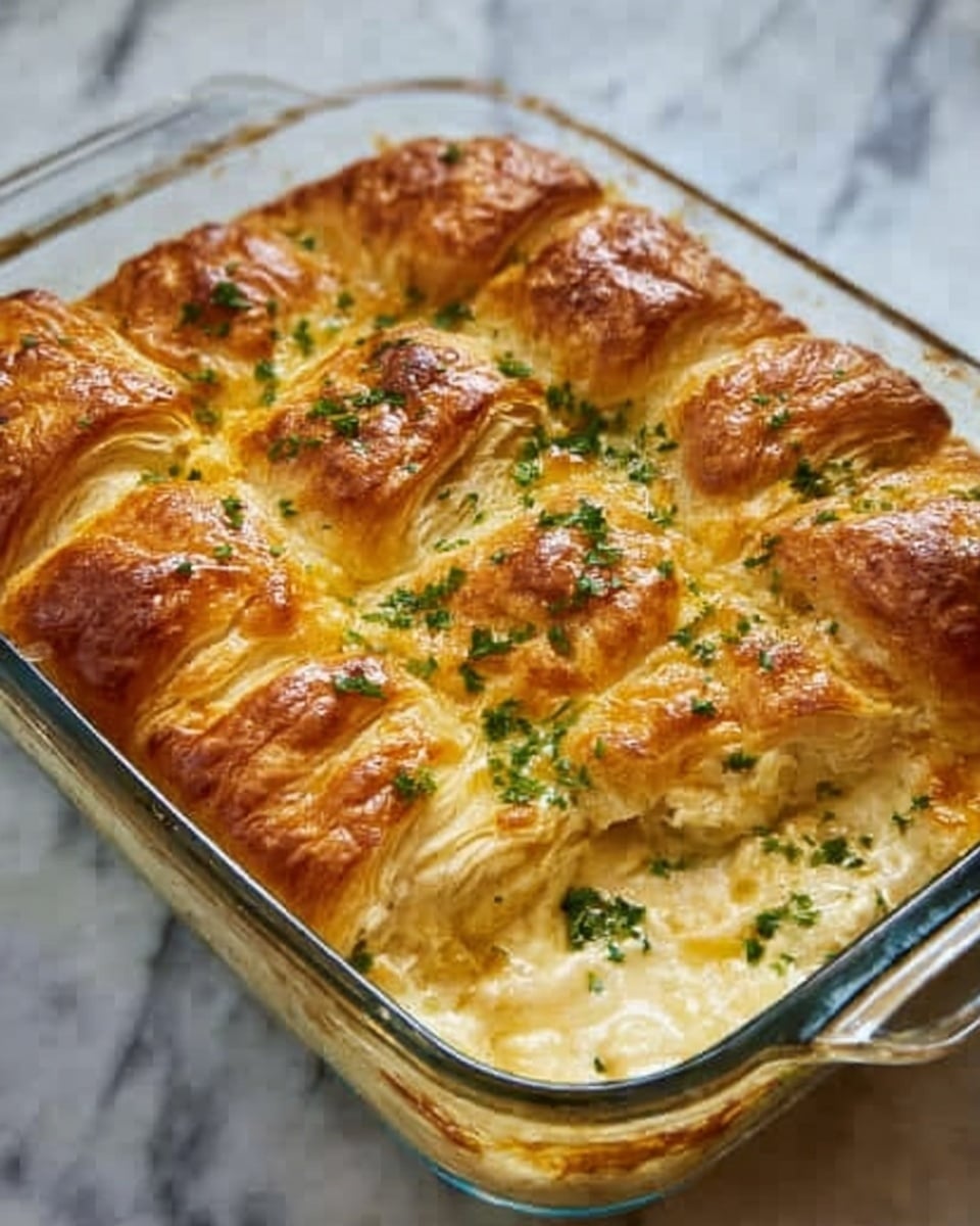 The image shows a glass baking dish filled with baked, golden brown rolls arranged side by side, with a soft, creamy white filling visible inside each roll. The rolls' tops are flaky and shiny, sprinkled with small green herb pieces, likely parsley, adding a touch of color. The edges of the dough are slightly puffed, showing a light, crispy texture. The dish is placed on a white marbled surface. Photo taken with an iphone --ar 4:5 --v 7