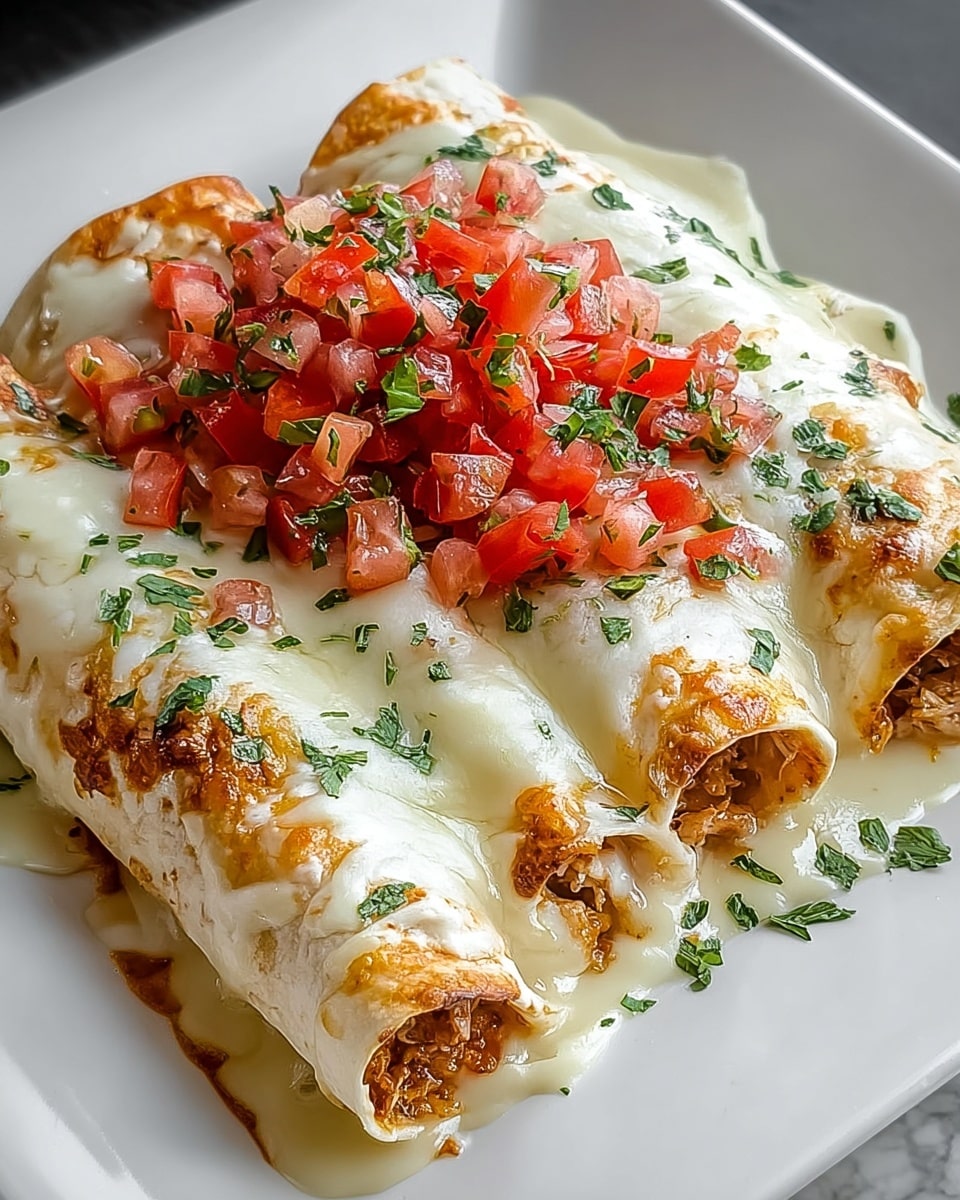 Three rolled tortillas filled with shredded meat are placed side by side on a white square plate with slightly raised edges. The top of each tortilla is covered with a thick, creamy melted white cheese sauce that spills over the sides, showing hints of golden brown spots from baking. On top of the cheese sauce is a generous pile of finely diced bright red tomatoes mixed with small bits of green herbs spread across the center of the tortillas. The dish rests on a white marbled texture surface. photo taken with an iphone --ar 4:5 --v 7