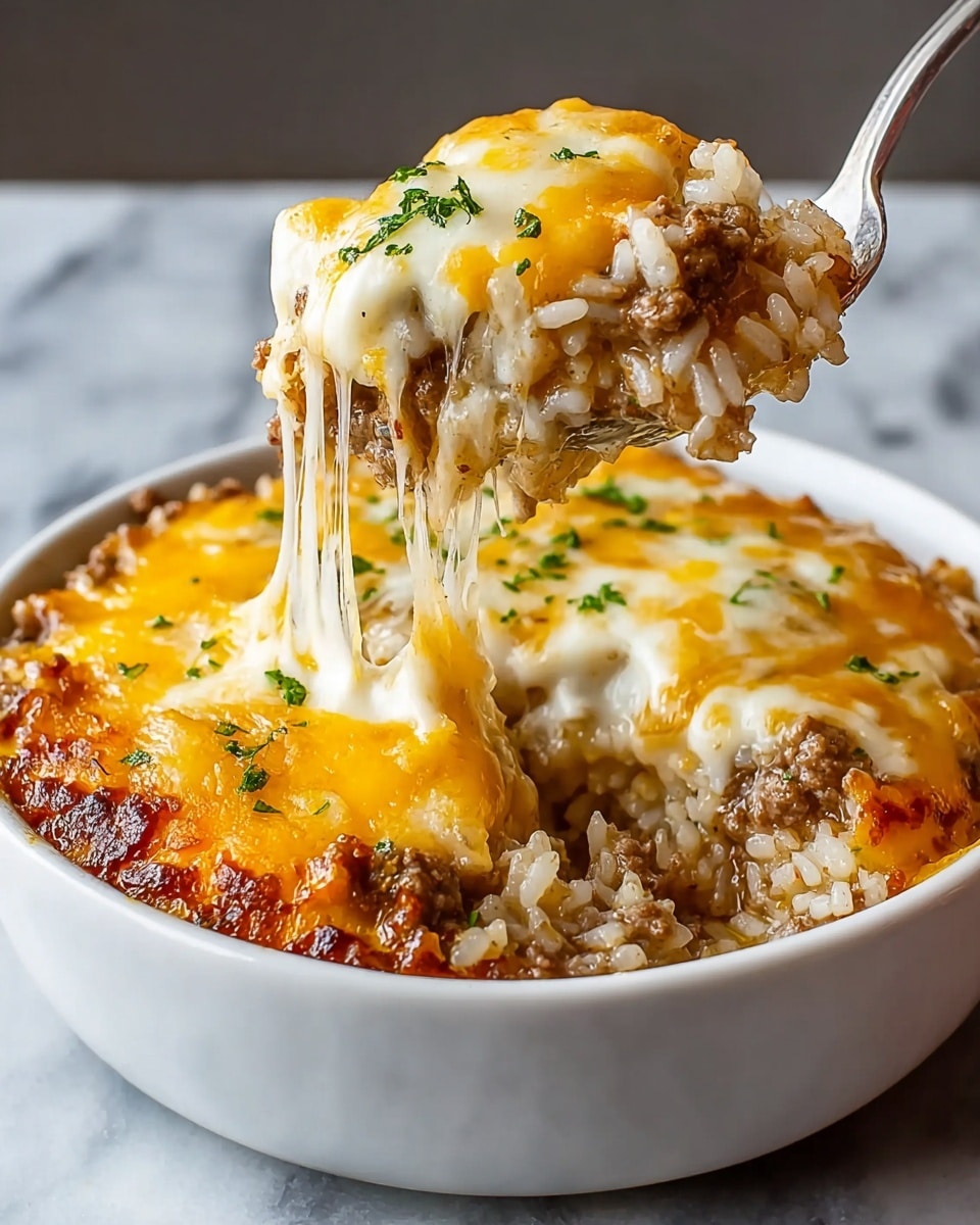 A white bowl filled with a creamy rice dish mixed with browned ground meat, topped with melted cheddar and mozzarella cheese that stretches as a silver spoon lifts a portion. The top layer shows golden melted cheese with small green herb sprinkles. The rice is white and looks soft, mingling with the chunky brown meat beneath. The background and surface is a white marbled texture. photo taken with an iphone --ar 4:5 --v 7