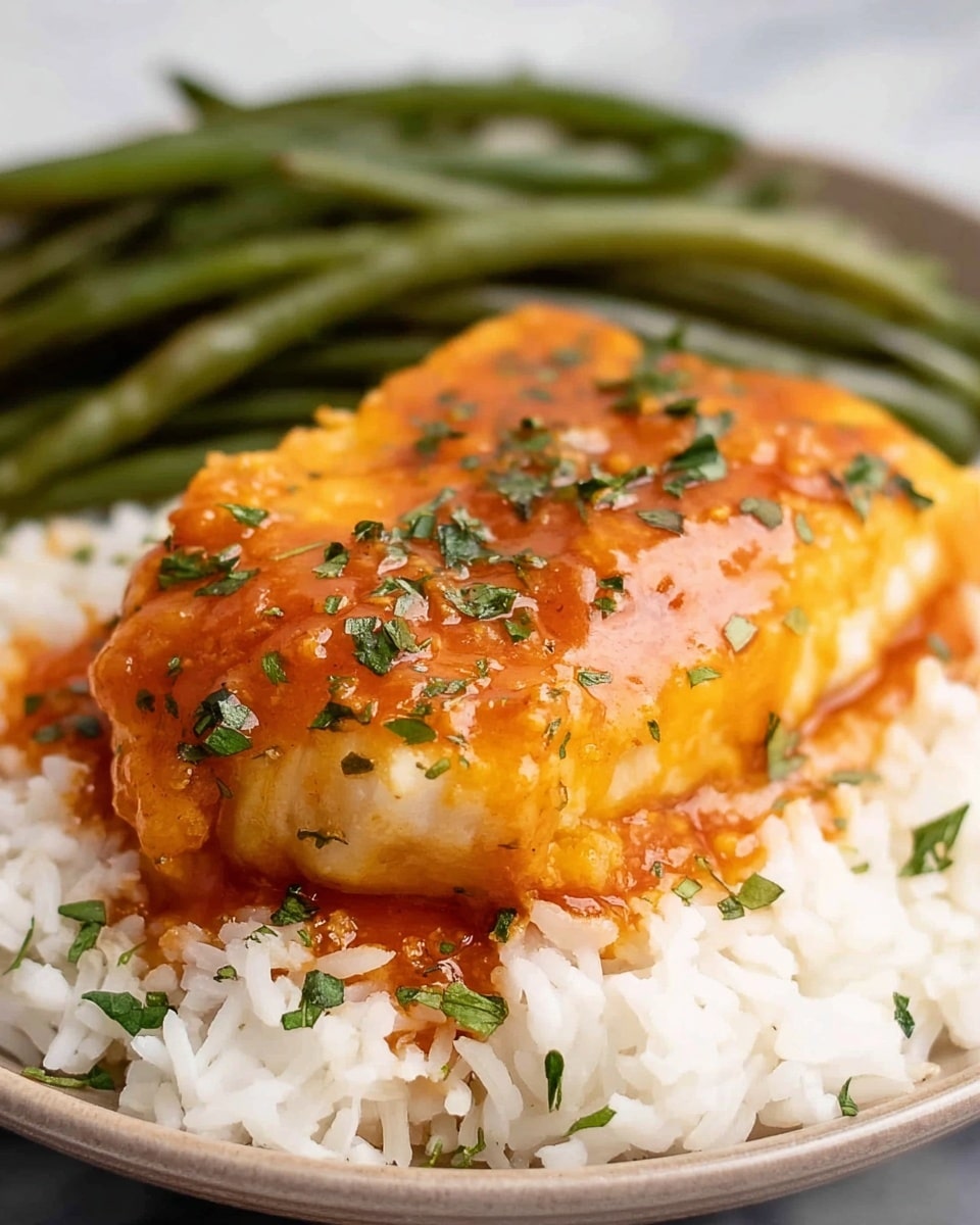 A white plate holds a bed of white rice as the bottom layer, with a thick piece of golden-brown fish covered in a shiny, rich orange sauce layered on top. The sauce is smooth with small bits of spices and herbs, giving it texture and color. Bright green parsley is sprinkled over the fish for a fresh touch. At the back of the plate, a bundle of roasted green beans provides a fresh, vibrant green contrast. The plate sits on a white marbled surface. photo taken with an iphone --ar 4:5 --v 7
