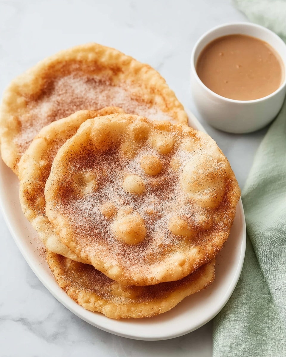 A stack of three golden brown fried flatbreads is placed on a white plate, each with a slightly uneven, puffy texture and sprinkled with a light dusting of cinnamon sugar. To the right of the plate, there is a small white bowl filled with a light brown creamy sauce. The scene is set on a white marbled surface with a pale green cloth napkin partially visible in the background. Photo taken with an iphone --ar 4:5 --v 7