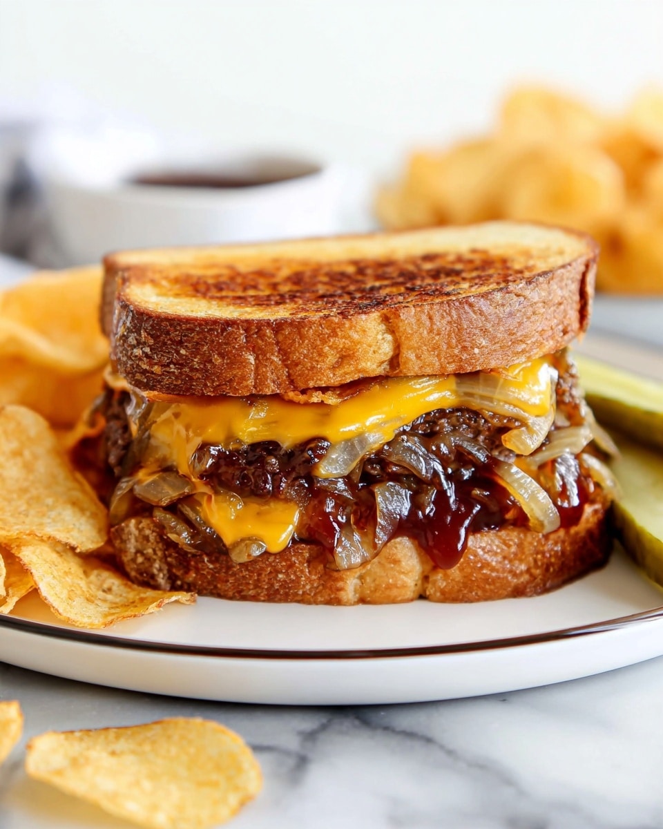 The image shows a sandwich with two slices of toasted, golden-brown bread as the top and bottom layers. Inside, there are three main layers: melted yellow cheddar cheese at the bottom, thick grilled onions with a caramelized texture in the middle, and a glossy, grilled beef patty covered partially with barbecue sauce sitting just beneath the top slice of bread. The sandwich rests on a white plate with a black rim. On the side, there are light yellow, crispy potato chips and a green pickle spear. The background surface is a white marbled texture. Photo taken with an iphone --ar 4:5 --v 7