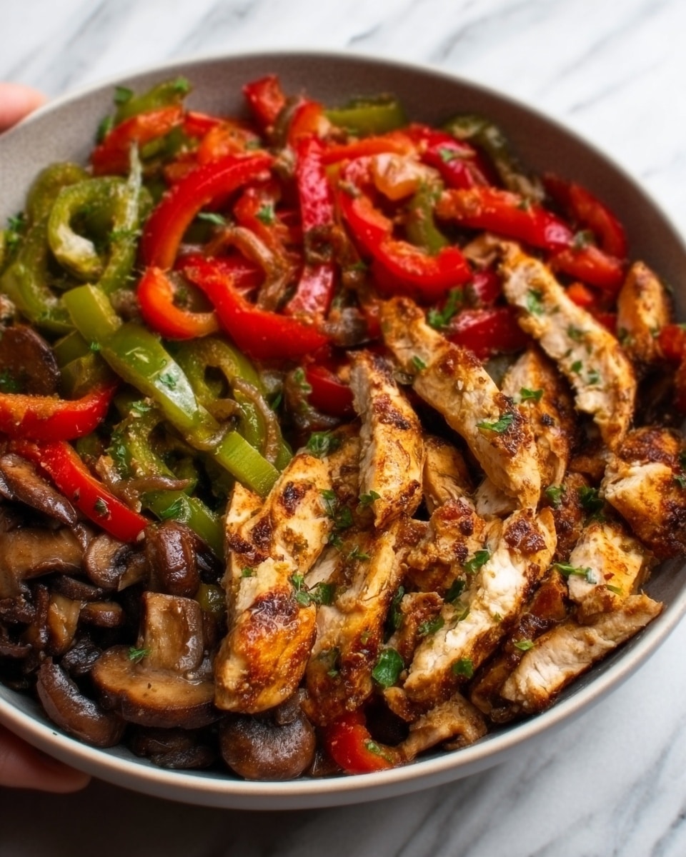 The dish shows pieces of cooked chicken with a light brown color, mixed with sliced red and green bell peppers, and strips of cooked onions that are slightly golden. The ingredients are spread evenly, creating a colorful mix of red, green, brown, and white tones. The texture of the chicken looks slightly crispy on the edges, while the peppers are soft but still fresh. Everything is arranged close together, filling the white plate fully. The photo taken with an iphone --ar 4:5 --v 7