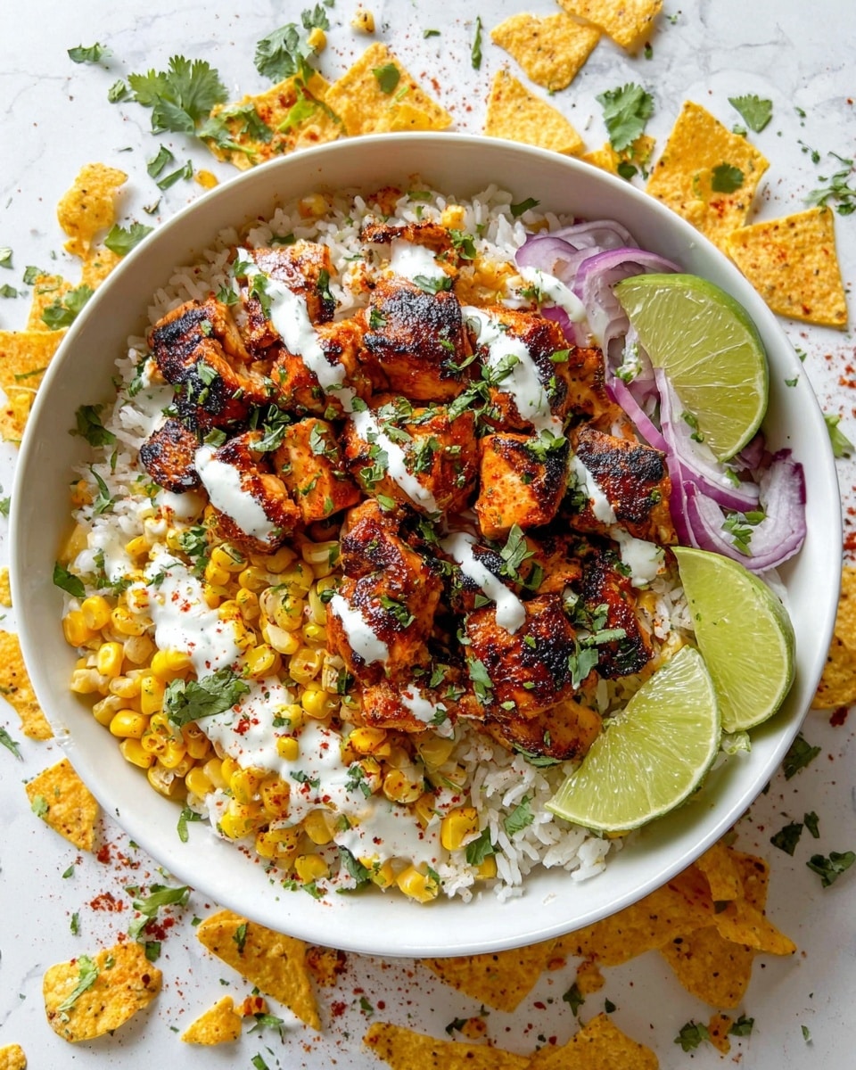 A white bowl contains a layered dish starting with a base of fluffy white rice mixed with whole yellow corn kernels. On top of the rice are grilled chicken pieces with a charred, slightly blackened texture and orange seasoning. Scattered among the chicken and rice are thin slices of purple onion and chopped green herbs, likely cilantro. Drizzled over the dish is a creamy white sauce with specks of herbs. Two lime wedges rest on the side inside the bowl. The bowl sits on a white marbled surface, sprinkled with green herb leaves, red powder, and broken pieces of light yellow tortilla chips. Photo taken with an iphone --ar 4:5 --v 7
