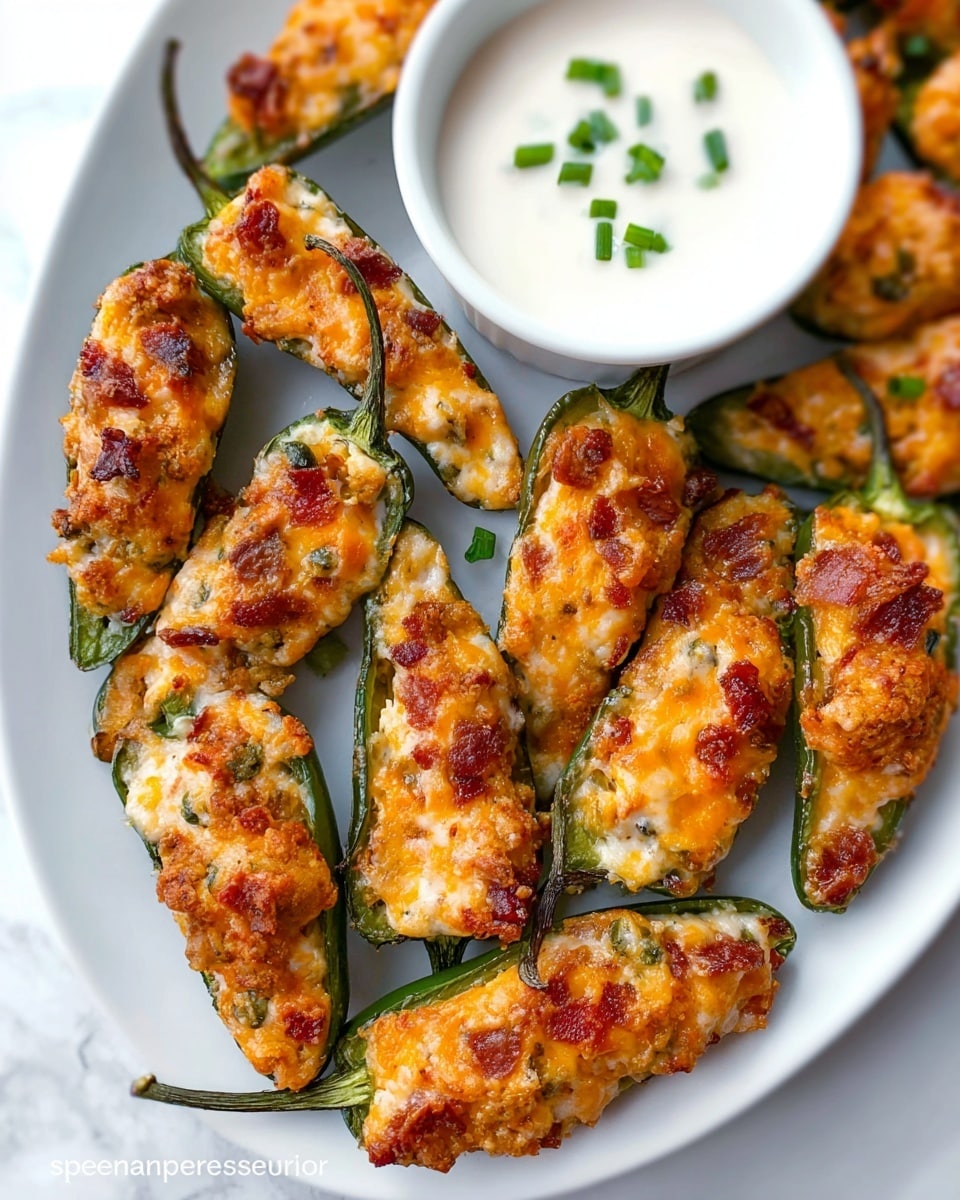 The image shows a white plate filled with green jalapeño halves, each stuffed with a golden-brown, crispy filling that looks cheesy and slightly crumbly with bits of red and green herbs. The jalapeños are arranged close together, with some showing a well-baked, textured top layer that is darker and more toasted in spots. On the side, there is a white bowl with smooth white sour cream, garnished with small green chive pieces. A woman's hand with part of a kitchen knife is visible on the left side, holding one of the stuffed jalapeños. The scene is set on a white marbled surface. photo taken with an iphone --ar 4:5 --v 7