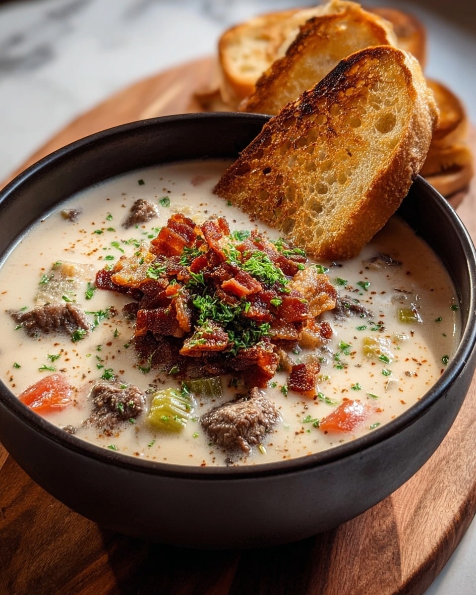 A black bowl filled with creamy soup showing a rich off-white base layered with chunks of dark brown beef, small pieces of green and red vegetables, and light bits of translucent onions, topped with crispy reddish-brown bacon bits and green herb sprinkles. On the right side of the bowl, a toasted golden brown slice of bread with visible air holes and a slightly charred surface leans against the soup. The bowl is placed on a rustic wooden board with a blurred warm-toned background. photo taken with an iphone --ar 4:5 --v 7