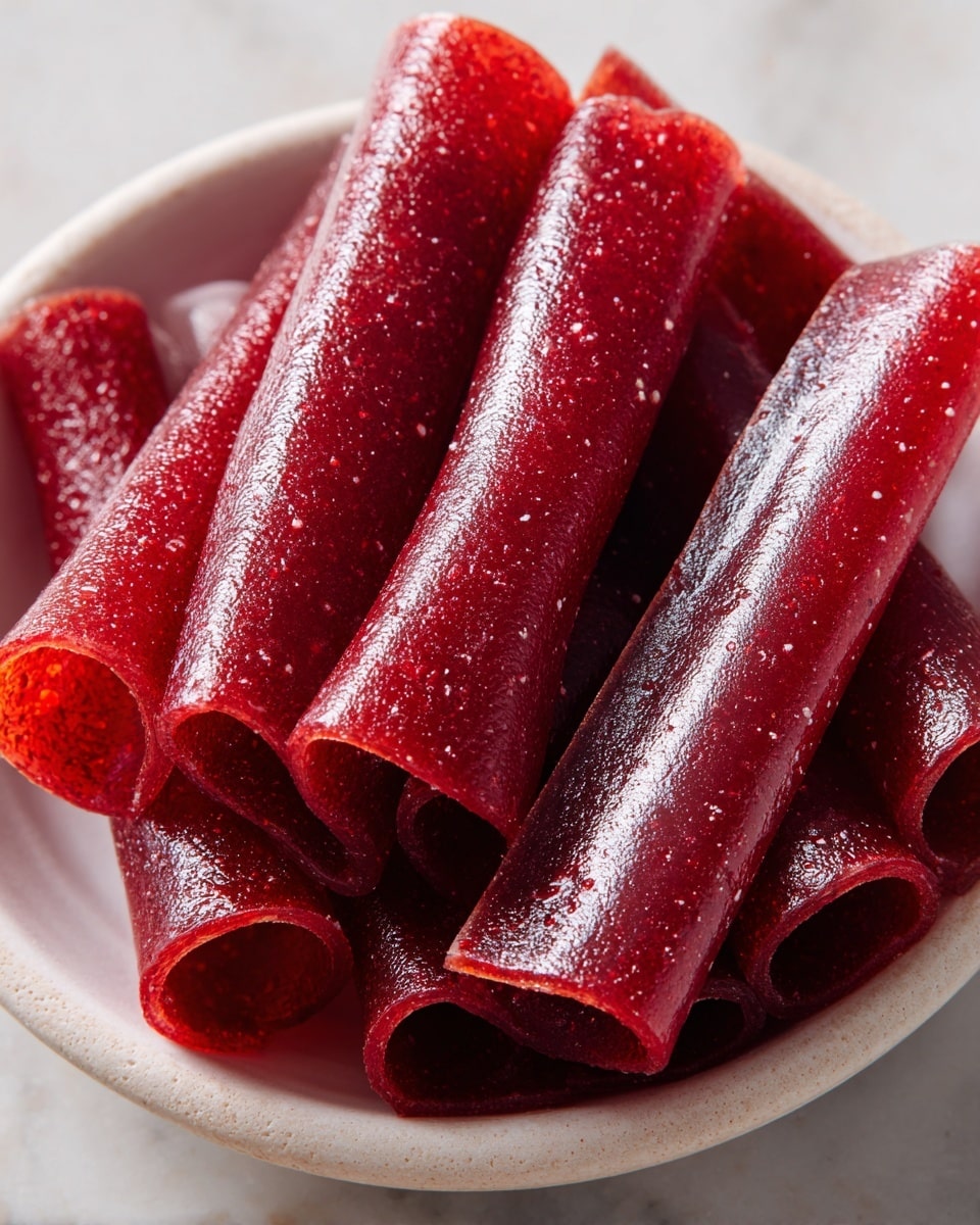 A close-up view of a white bowl filled with rolled fruit leather strips, all deep red in color with a glossy, slightly translucent texture and tiny white specks inside. The fruit leather pieces are stacked unevenly, showing their cylindrical shapes and smooth, shiny surfaces. The bowl sits on a white marbled texture background, emphasizing the vibrant red tones of the fruit leather. photo taken with an iphone --ar 4:5 --v 7