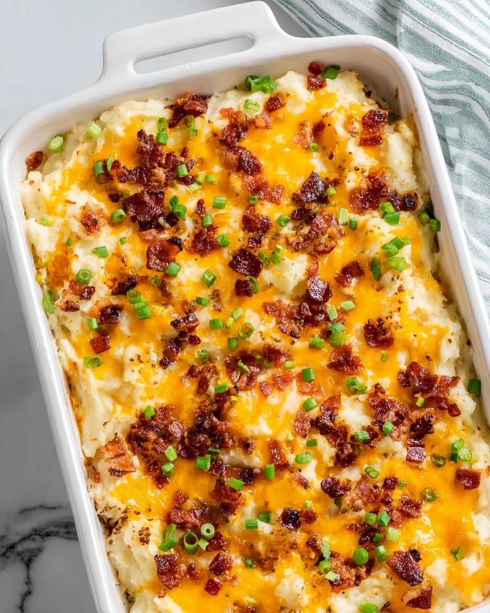 A close-up view of a cheesy baked dish in a white rectangular casserole dish, showing a thick bottom layer of creamy mashed potatoes with a slightly rough texture, topped with melted bright orange cheddar cheese spread unevenly, and sprinkled with small pieces of crispy, dark brown bacon bits and chopped fresh green onions scattered all over. The dish is placed on a white marbled surface with a white cloth featuring a gray checkered pattern partially visible to the side. photo taken with an iphone --ar 4:5 --v 7