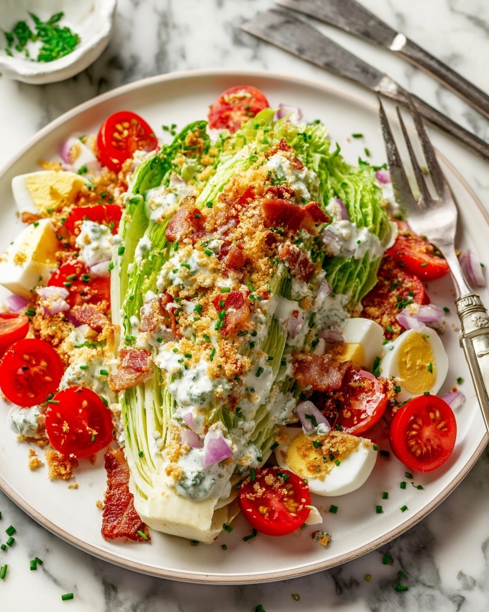 The image shows a wedge salad placed on a white round plate on a white marbled surface. The salad consists of several thick green iceberg lettuce layers stacked together in a triangular shape. The lettuce is topped with creamy white dressing drizzled unevenly, scattered golden brown crispy breadcrumbs, and finely chopped green chives. Around the wedge, bright red cherry tomato halves, small pieces of pale yellow chopped boiled egg, crispy brown bacon bits, and small chunks of purple onion are spread on the plate, adding color and texture contrast. A fork and knife are placed behind the lettuce wedge on the plate. photo taken with an iphone --ar 4:5 --v 7