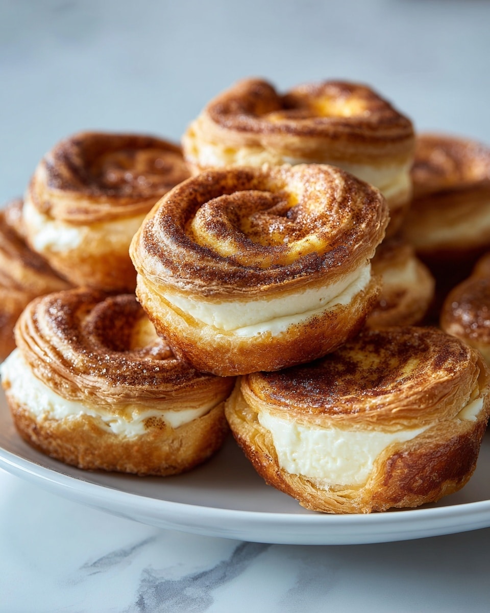 A close-up image shows a group of small, round danishes arranged closely together, each with a golden-brown baked dough that appears soft and fluffy. Each danish has a light brown cinnamon swirl layered inside, and the center is filled with a creamy white cheesecake filling that looks smooth and slightly glossy. The danishes are placed on a white marbled surface. In the foreground, there is a stack of two danishes prominently showing the layers: a thick golden dough base, a spiral of cinnamon filling, and a generous dollop of creamy cheesecake on top. The textures appear soft, flaky, and creamy, with a touch of cinnamon dusted over the dough and filling. Photo taken with an iphone --ar 4:5 --v 7