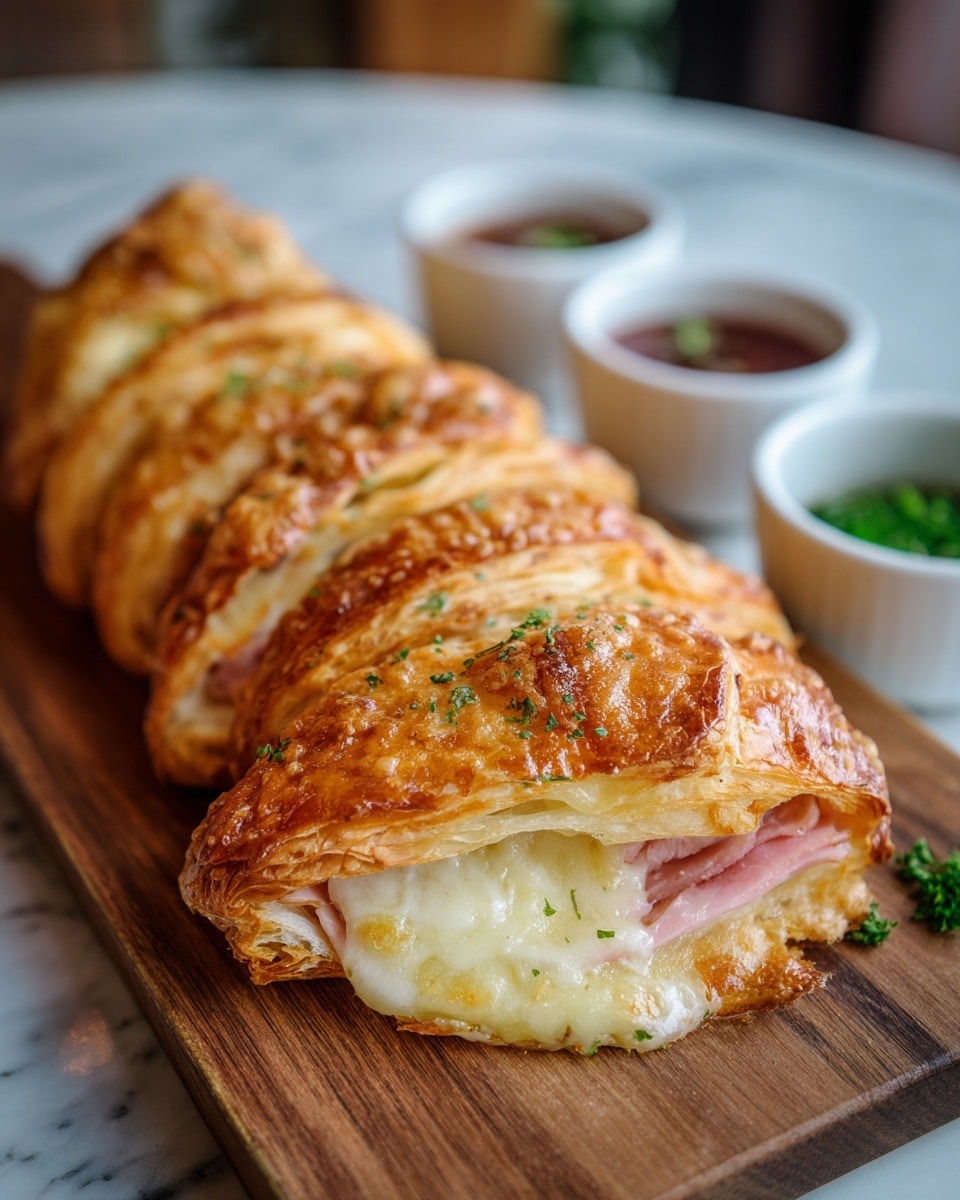 A long, golden-brown croissant is sliced into individual pieces arranged in one row on a wooden board. Each piece has three visible layers: the top layer is shiny and crispy with a speckled pattern of lightly browned crust; the middle layer reveals melted, creamy pale yellow cheese oozing out nearby soft pink ham slices; the bottom layer is flaky, light, and slightly toasted dough. Small green herb sprinkles are scattered on top, adding color contrast. In the blurry white marbled background, there are three small white bowls with different sauces and some green parsley leaves. photo taken with an iphone --ar 4:5 --v 7