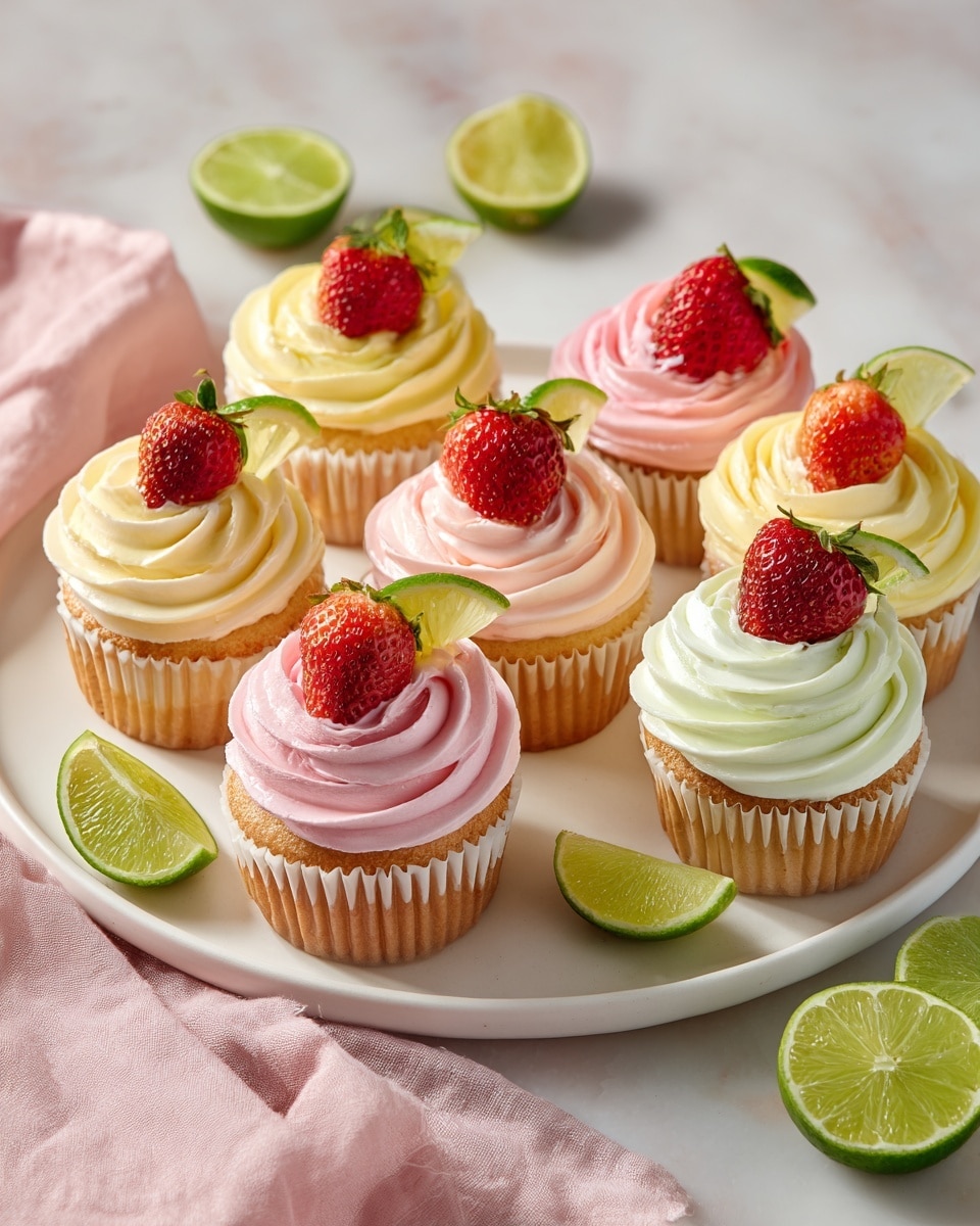 Seven cupcakes sit on a white round plate, each with three swirled layers of frosting in pink, yellow, and creamy white, forming a smooth, whipped texture on top. Each cupcake is decorated with a bright red strawberry, some paired with a small green lime slice, placed on the frosting near the center, sprinkled with white powdered sugar. The cupcakes have light golden bases in white paper liners. Around the plate, there are halved green limes on a white marbled surface, and a soft pink cloth is draped nearby. The photo taken with an iphone --ar 4:5 --v 7