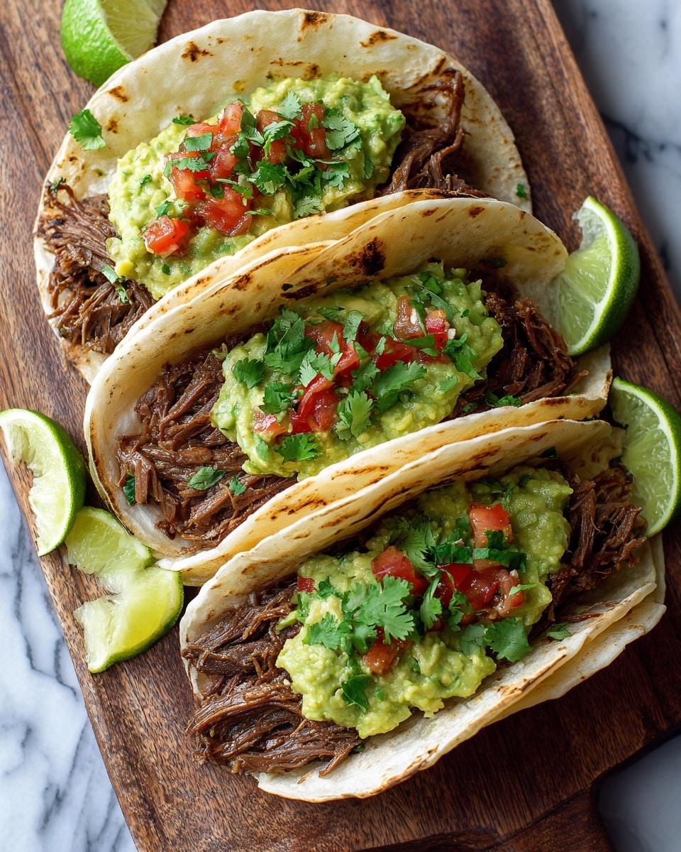 Three soft corn tortillas are arranged standing side by side on a wooden board. Each tortilla holds a base layer of shredded dark brown beef with a moist, tender texture. On top of the beef, there is a scoop of chunky green guacamole that looks creamy, followed by diced red tomatoes and chopped fresh green cilantro leaves scattered over all the tacos. A wedge of bright green lime rests next to the tacos on the board. The background is a white marbled texture. photo taken with an iphone --ar 4:5 --v 7