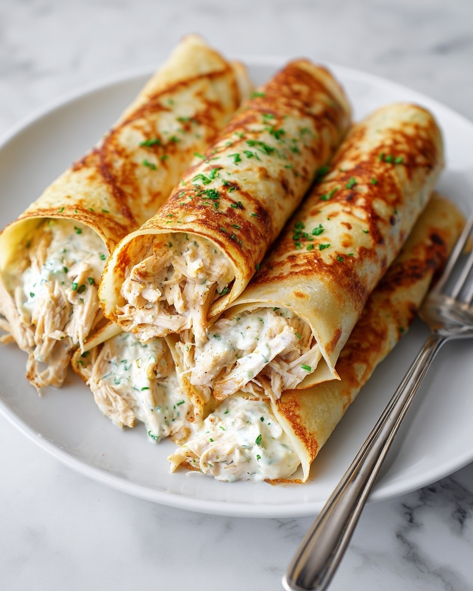 The image shows four rolled crepes with a golden-brown, slightly crispy outer layer, each sprinkled with bits of green herbs on top. Inside the crepes, there is a creamy white filling mixed with shredded light-brown chicken pieces and small green herb bits, making the texture look soft and rich. The crepes are arranged on a white plate, with a silver fork resting on the plate’s edge. The background surface is a white marbled texture. photo taken with an iphone --ar 4:5 --v 7