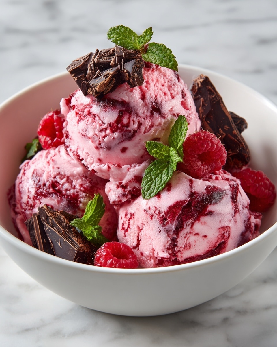 A white bowl with three scoops of pale pink raspberry ice cream with visible red berry pieces mixed throughout. On top and around the ice cream, there are chunky dark chocolate pieces scattered, some partially embedded in the ice cream. Fresh red raspberries and bright green mint leaves are placed decoratively on the ice cream and bowl edge. The bowl rests on a white marbled surface. The image is brightly lit, showing creamy textures and smooth chocolate with slight rough edges. photo taken with an iphone --ar 4:5 --v 7