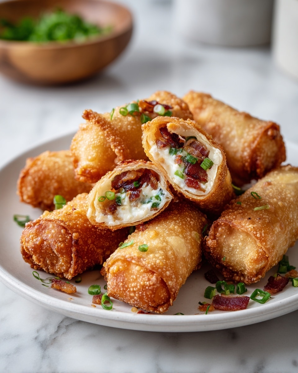 The image shows several golden-brown crispy rolls stacked on a white plate with a white marbled surface underneath. Two rolls are cut open, revealing three visible layers inside: the outer crispy fried shell with bubbly texture, a creamy melted cheese layer, and an inner filling of small dark red bacon pieces and green chopped jalapenos or scallions. Fresh green chopped scallions are sprinkled on top and around the rolls, adding a fresh contrast to the rich, crunchy rolls. photo taken with an iphone --ar 4:5 --v 7