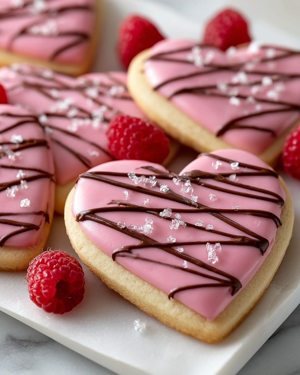 The image shows several heart-shaped cookies arranged on a white marbled surface. Each cookie has a pale pink layer topped with thin dark stripes of chocolate drizzle running diagonally across. There are small granules sprinkled on top, giving a textured look. Scattered around the cookies are fresh red raspberries, adding a bright pop of color. The cookies and raspberries create a soft, inviting scene. photo taken with an iphone --ar 4:5 --v 7