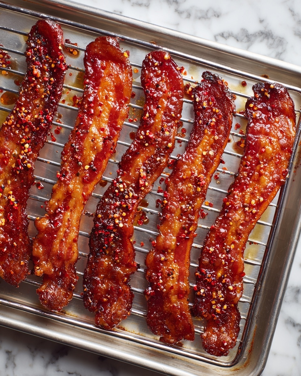 The image shows five long strips of crispy bacon laid out side by side on a metal wire rack set over a baking tray. Each bacon strip has a rich, shiny dark reddish-brown glaze with small red chili flakes spread evenly across the surface, giving a spicy visual texture. The bacon is cooked to a crisp with visible charred spots and a slightly bubbled, caramelized surface that looks sticky and flavorful. The wire rack and tray beneath have some dark burnt spots and glossy grease drips. The whole scene sits on a white marbled surface. Photo taken with an iphone --ar 4:5 --v 7