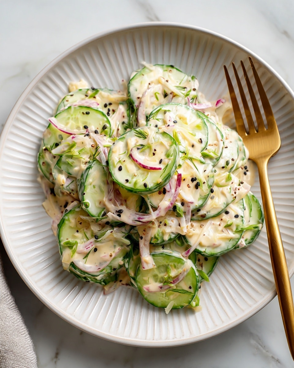 A close-up of a cucumber salad on a white plate with ridged edges, layered with thin, round cucumber slices that are pale green with dark green skin around the edges. The cucumbers are mixed with a creamy, off-white dressing containing finely chopped orange cheddar cheese and small pieces of red onion. The salad is sprinkled with small black sesame seeds, creating a contrast on the light textures. A golden fork rests gently near the edge of the plate. The scene is set on a white marbled surface, giving a clean and fresh look. photo taken with an iphone --ar 4:5 --v 7