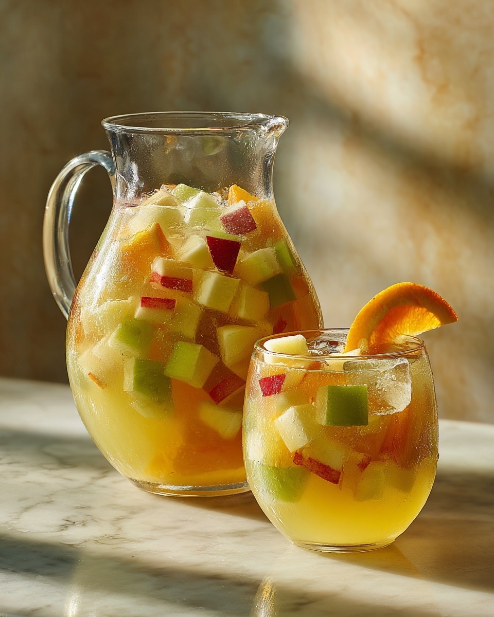 A clear glass pitcher and a clear glass filled with a yellow-orange drink with ice cubes and mixed fruit pieces. The pitcher has three visible layers: a bottom layer of bright yellow liquid, a middle layer with ice cubes and floating fruit chunks in green, white, and orange colors, and a top layer of clear condensation on the glass. The glass has a matching drink with ice, fruit pieces, and is garnished with a slice of orange on the rim. Both are placed on a white marbled surface with a soft blurred background. photo taken with an iphone --ar 4:5 --v 7
