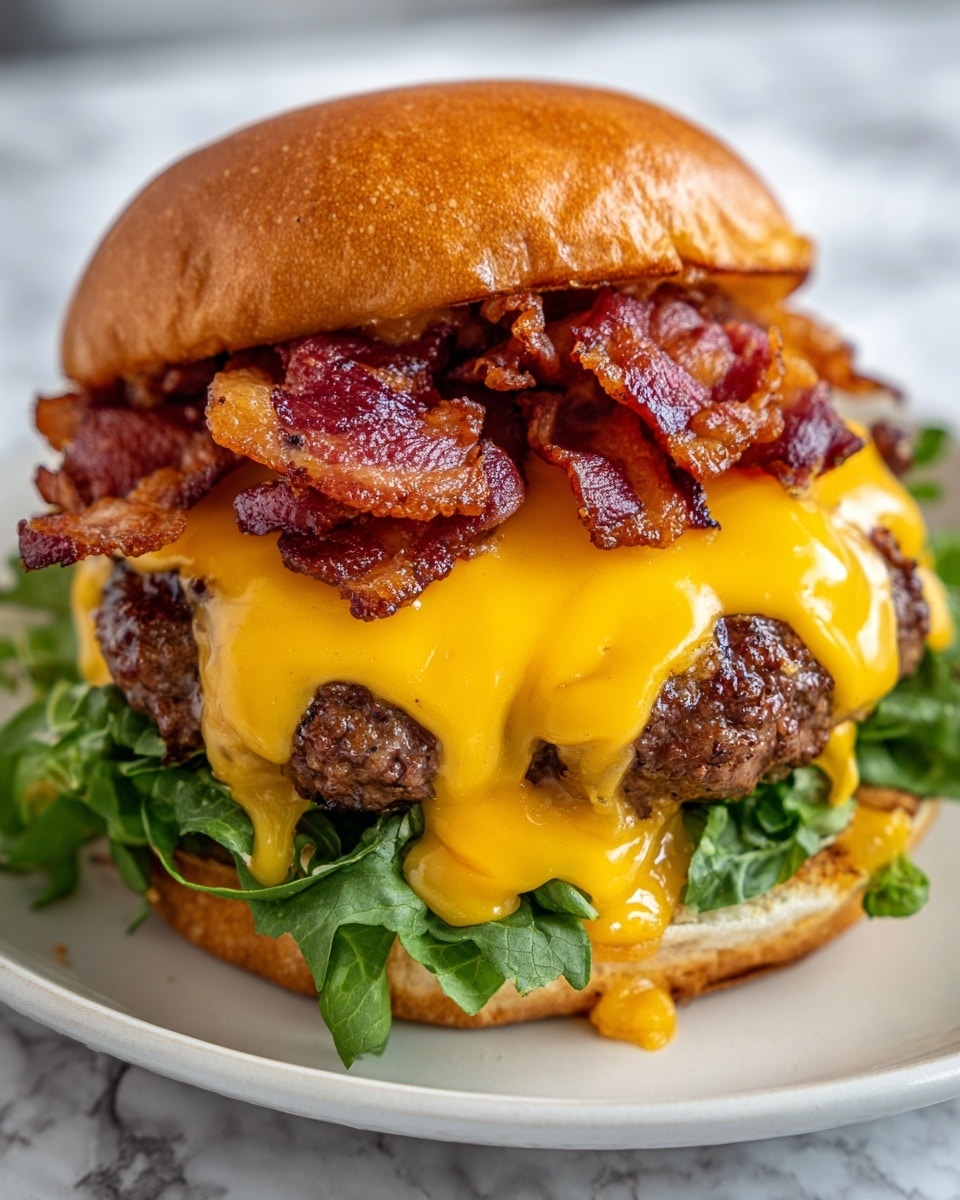 A juicy beef patty sits on a bed of fresh green spinach leaves, topped with a thick layer of melted bright orange cheddar cheese that drapes over the sides. On top of the cheese, several crispy reddish-brown bacon strips are scattered, adding texture and color contrast. The whole dish is set against a white marbled surface, enhancing the colors and textures of the food. Photo taken with an iphone --ar 4:5 --v 7