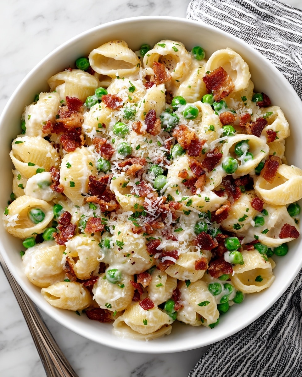 A white bowl filled with a creamy pasta dish, showing three main layers: large, pale yellow shell pasta on the bottom, bright green peas scattered throughout, and small pieces of crispy brown bacon mixed evenly on top, all coated in a light creamy white sauce with visible bits of melted cheese. The bowl is placed on a wooden table with a blue and white striped cloth in the background, capturing a close-up view. Photo taken with an iphone --ar 4:5 --v 7