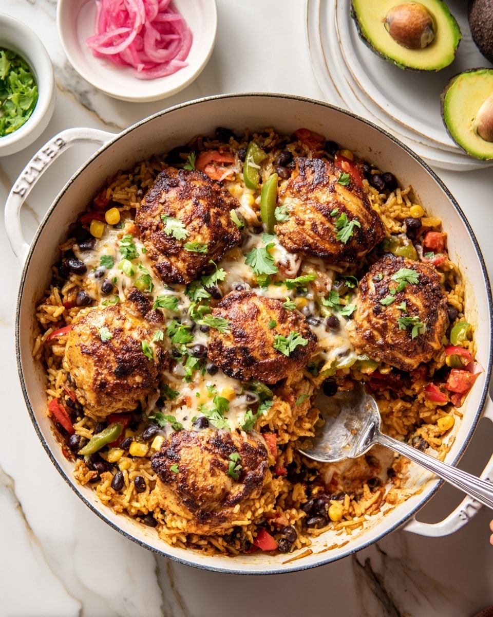 The large white pan holds a colorful dish with five golden-brown seasoned chicken pieces on top. Underneath, there is a thick layer of yellow rice mixed with black beans, corn, and red and green bell pepper slices, adding bright patches of color. The dish is sprinkled with melted cheese, chopped green onions, and fresh green cilantro leaves, creating a fresh and vibrant look. A spoon scoops some of the rice and vegetables from the bottom right side. The pan sits on a white marbled surface, and nearby are white bowls with sliced avocado and pink pickled onions. Photo taken with an iphone --ar 4:5 --v 7