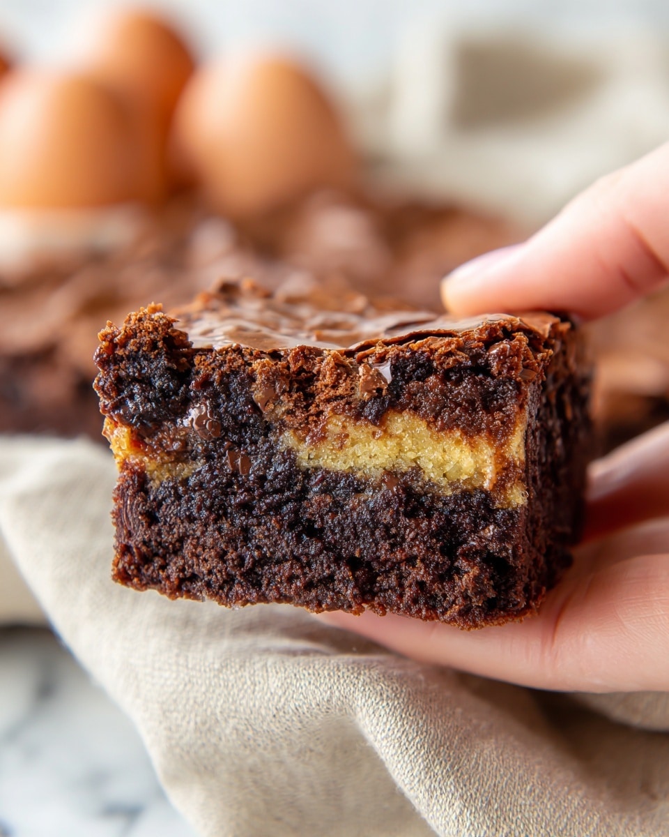 A close-up of a single square piece of rich, dark chocolate brownie held by a woman's hand, showing its dense, moist texture with melted chocolate chunks inside. The top layer is cracked and slightly dry with a shiny, crinkly surface, contrasting with the gooey middle that oozes melted chocolate. The background features a soft beige cloth with three blurred brown eggs, all resting on a white marbled surface. The image captures the brownie as a thick, two-layered treat with a crispy top and a soft, fudgy inside. photo taken with an iphone --ar 4:5 --v 7