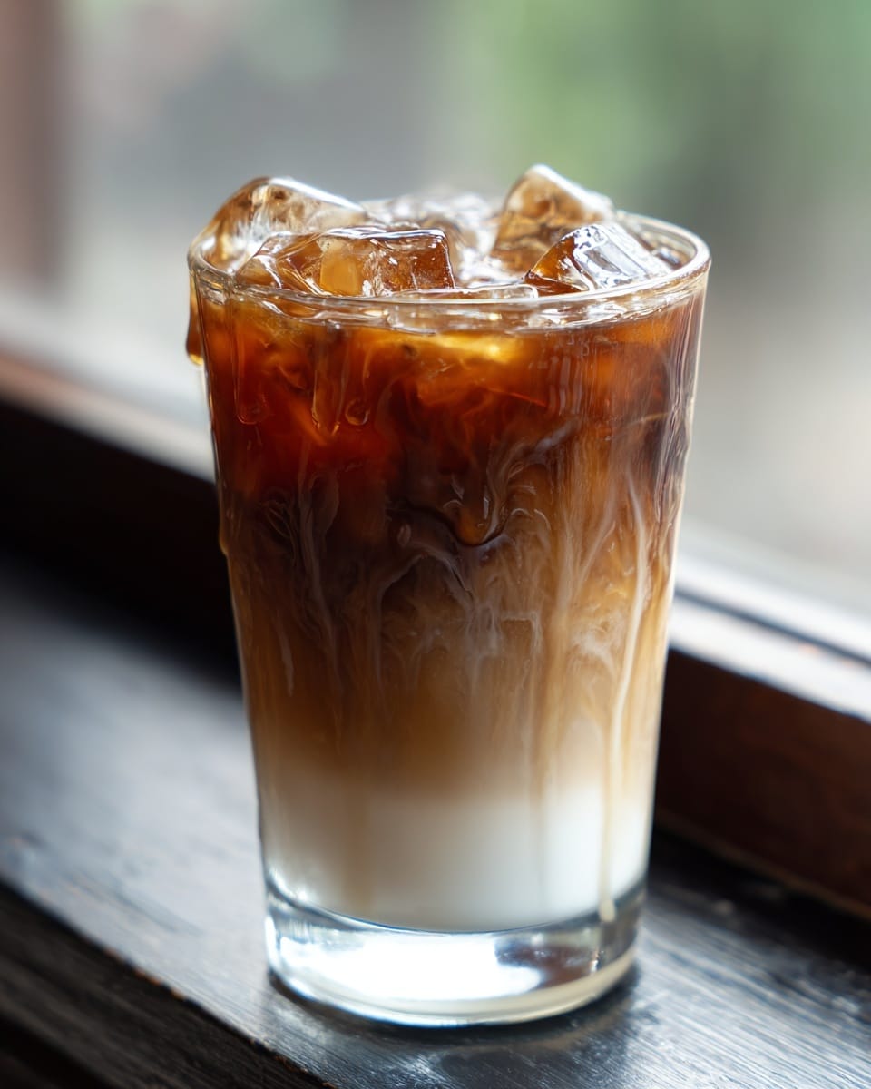A clear glass shows a drink with three layers: the bottom layer is creamy white milk, the middle layer is swirling light brown coffee mixing into the milk, and the top layer has ice cubes with caramel sauce drizzled over them, creating a textured look. The glass sits on a dark wooden surface with a white marbled background. photo taken with an iphone --ar 4:5 --v 7
